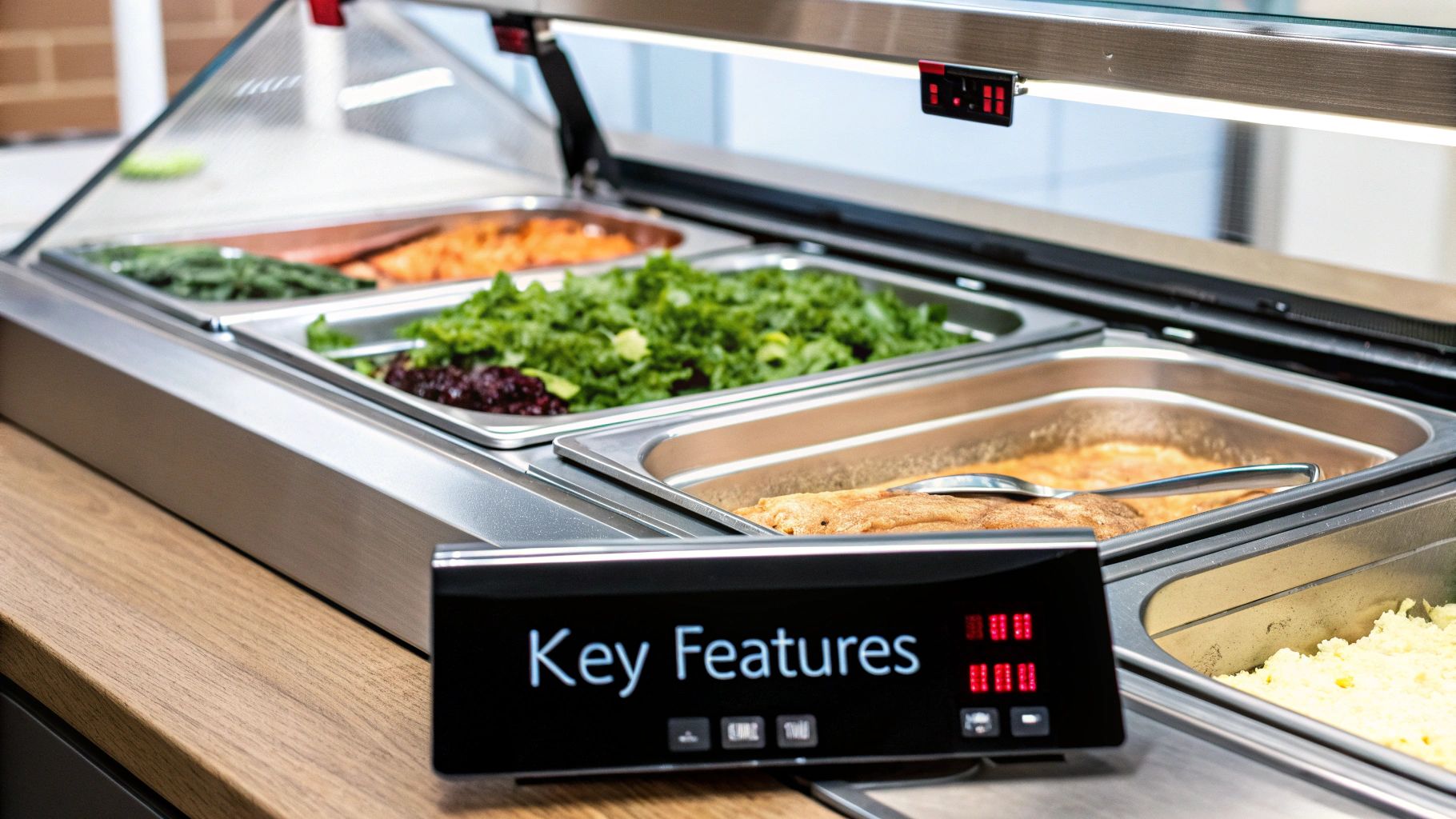 Close-up of a stainless steel hot food counter with multiple trays of fresh vegetables and dishes, with a digital display showing 'Key Features'.