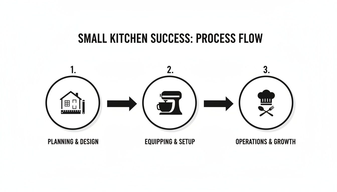 A three-step process flow for small kitchen success, including planning, equipping, and operations.