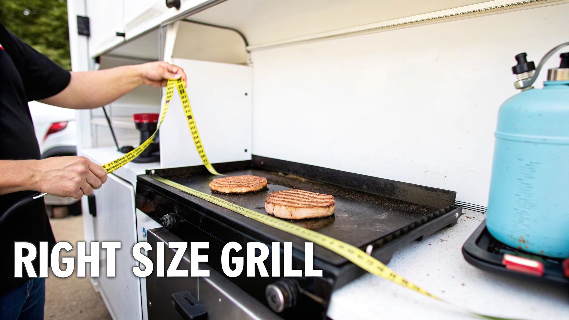 Hands measuring a food truck grill griddle with a yellow tape, showing two grilled patties.