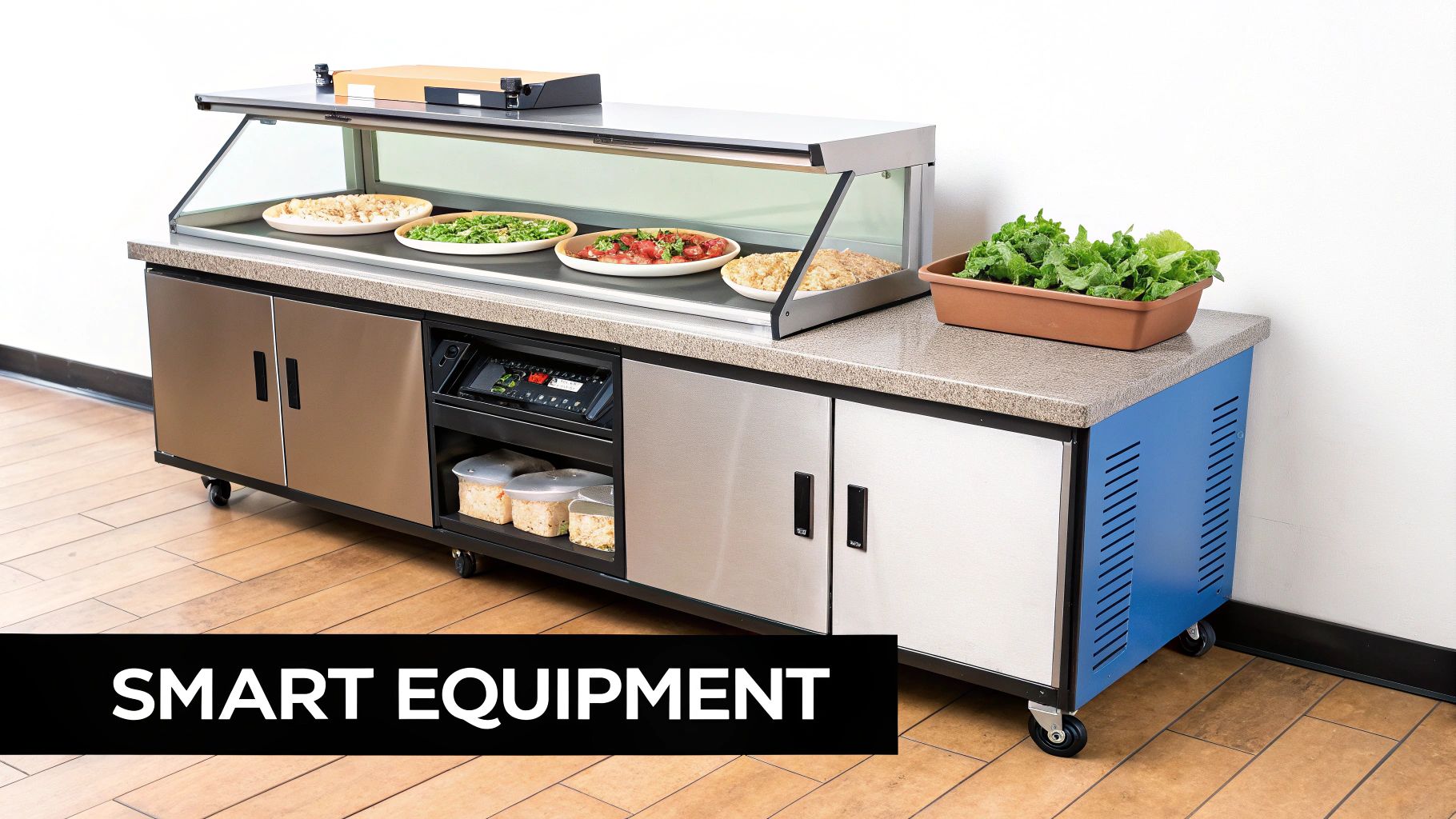 Mobile commercial food serving station with a glass display, prepared food, smart controls, and storage.