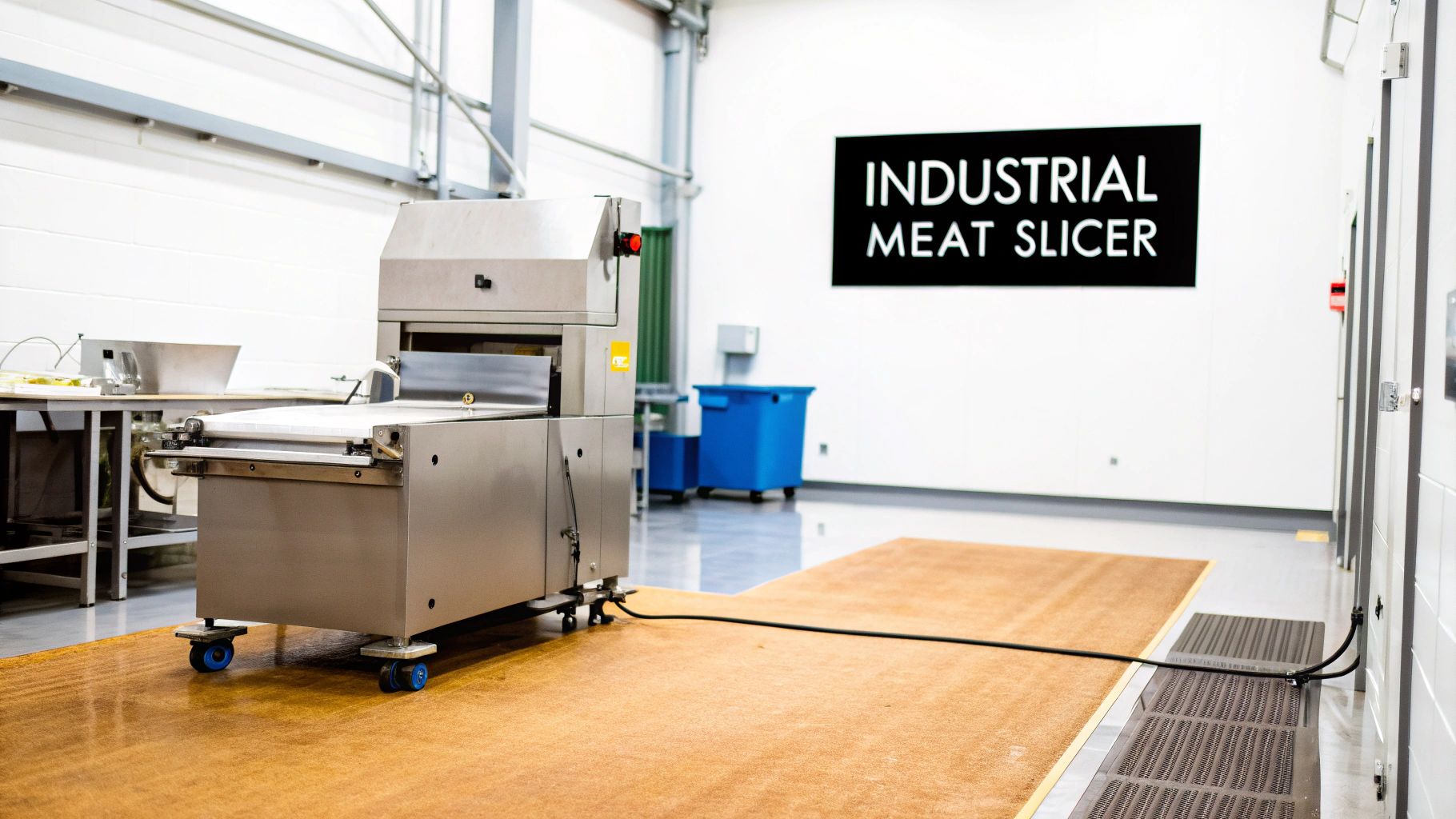 A powerful industrial meat slicer in a clean, professional food processing facility, demonstrating its high-capacity slicing capabilities.