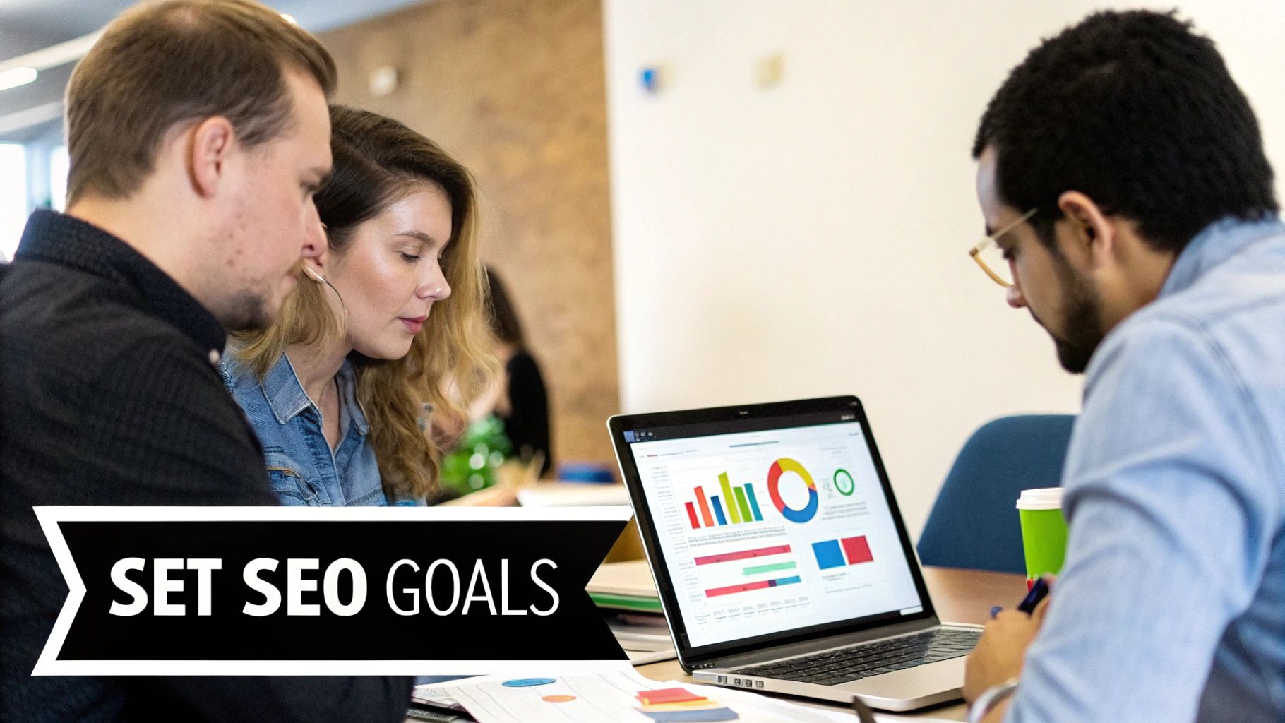 Woman analyzing SEO metrics on a laptop with charts and graphs in the background