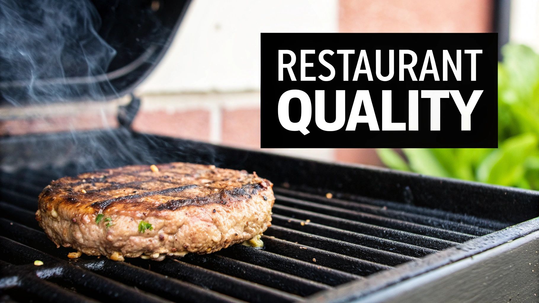 A perfectly cooked burger on a charbroiler with defined grill marks, topped with melted cheese, lettuce, and tomato on a toasted bun.