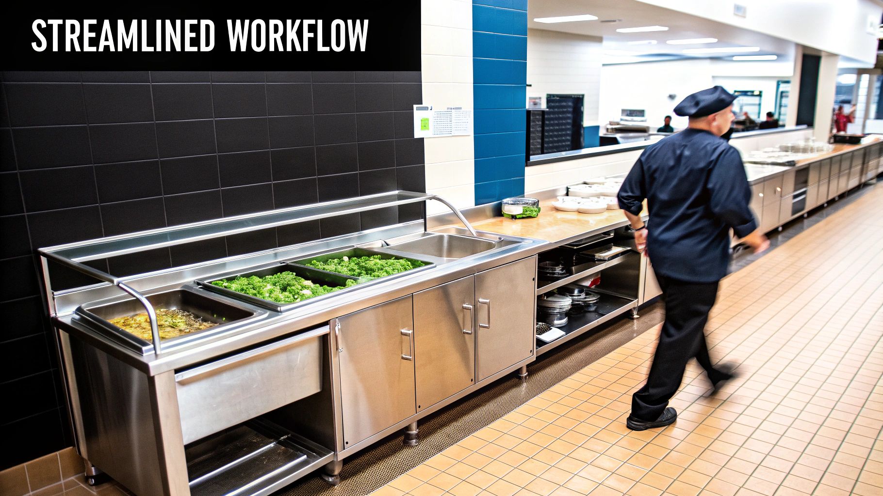 A chef walks past stainless steel food serving stations in a streamlined commercial kitchen.