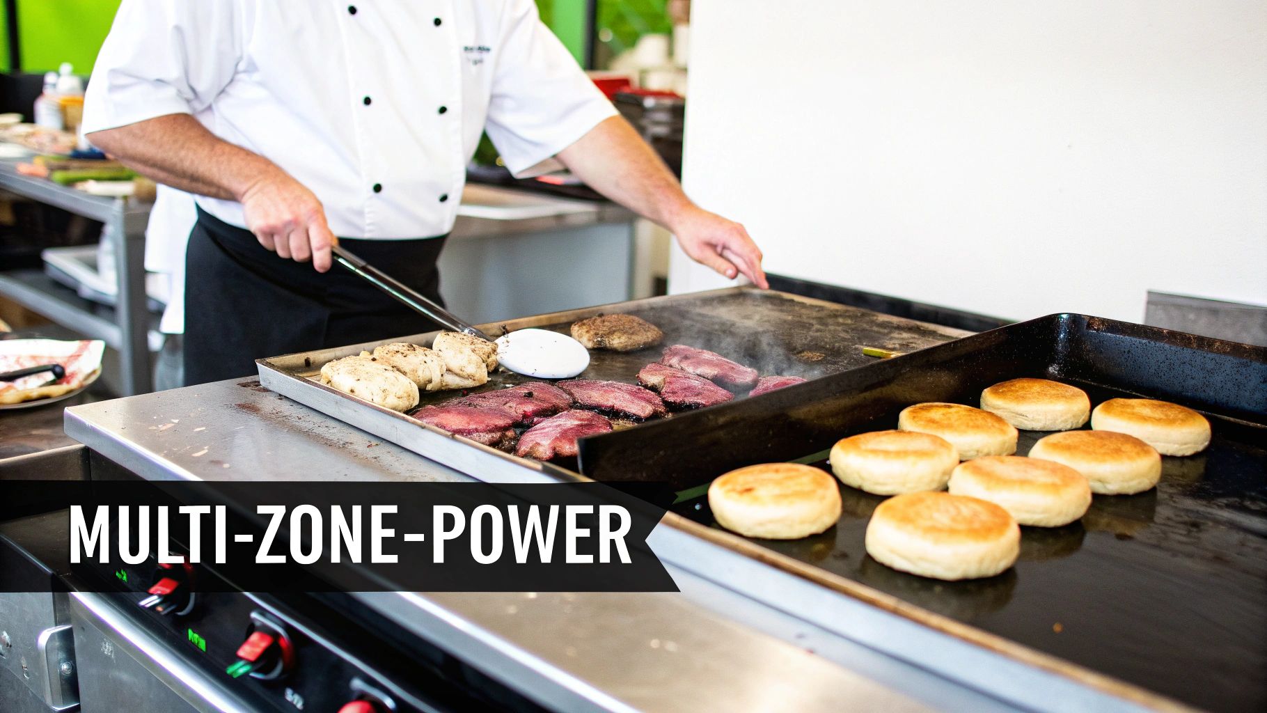 A chef searing steaks on a commercial griddle