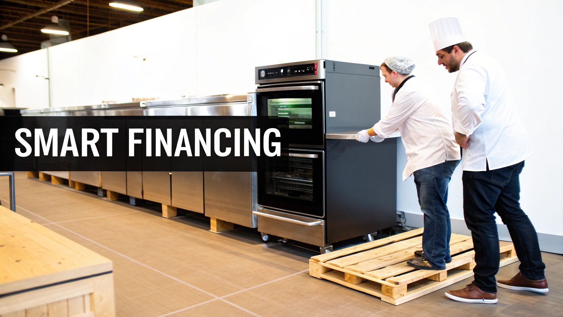 A modern restaurant kitchen with stainless steel equipment.