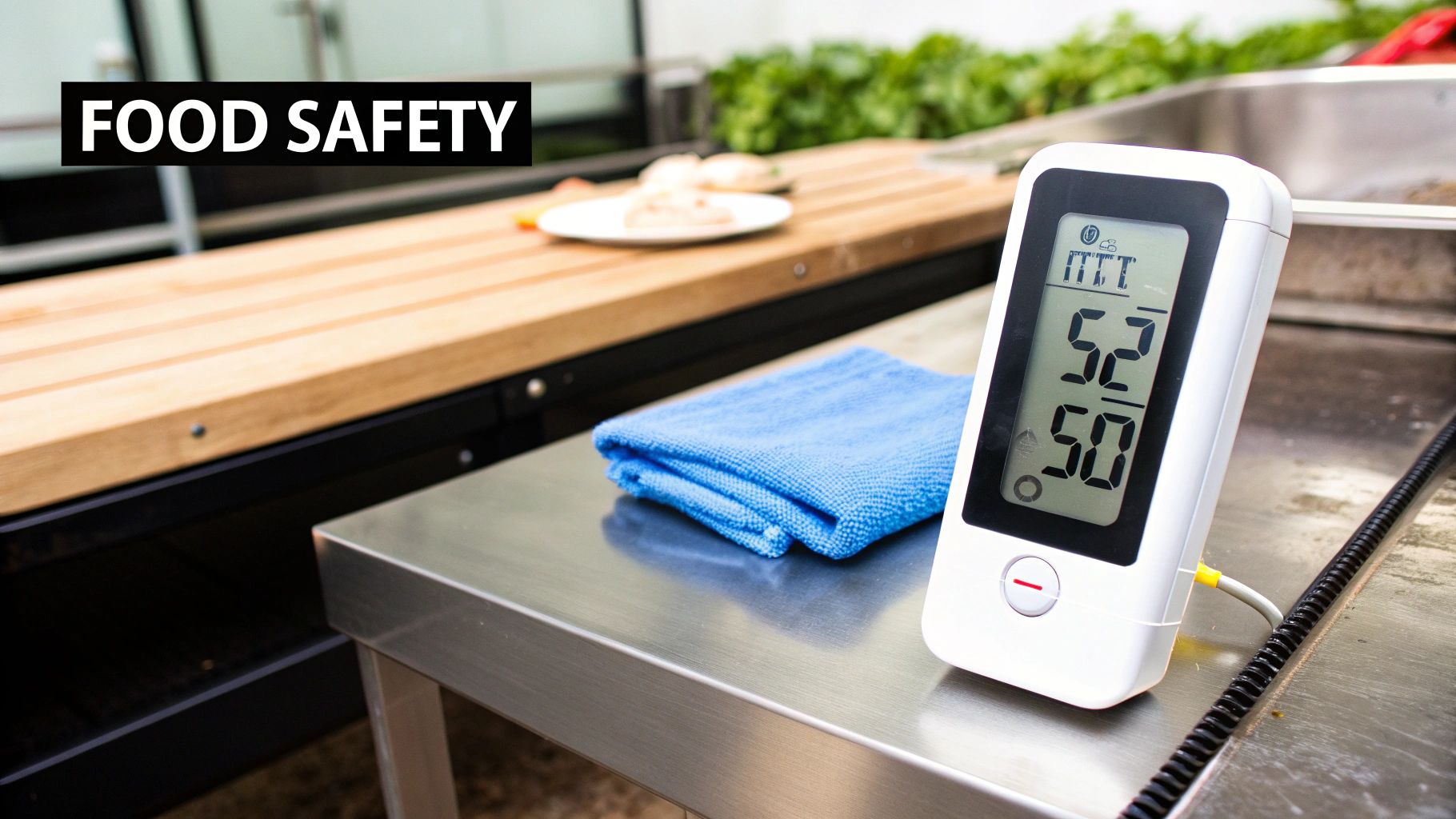 A digital thermometer displaying 52 and 50 degrees on a stainless steel counter in a kitchen.