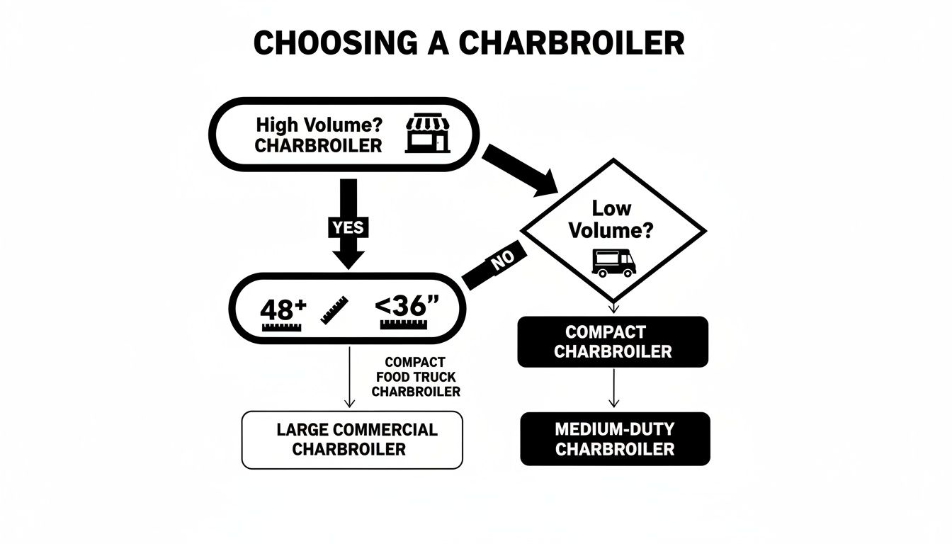 A flowchart guiding the selection of a commercial charbroiler based on volume and size.