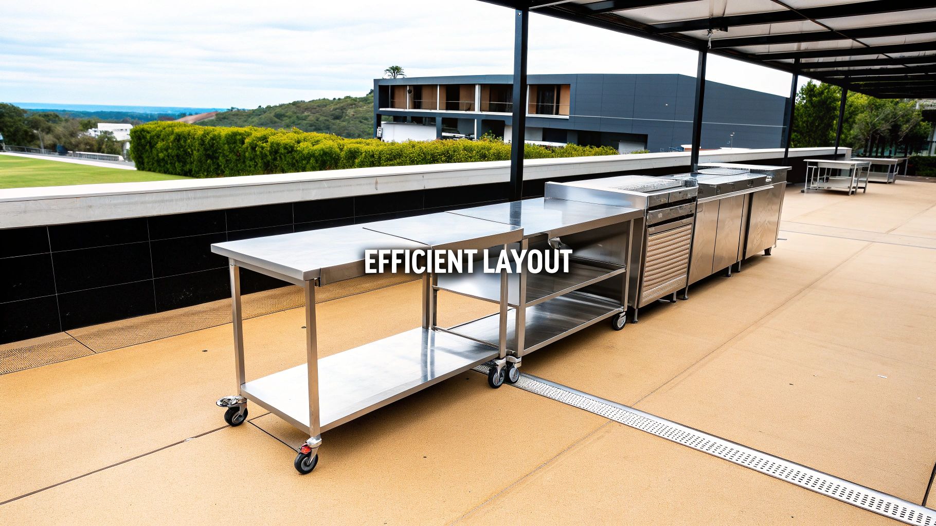 An outdoor commercial kitchen setup featuring a long line of stainless steel tables and equipment.