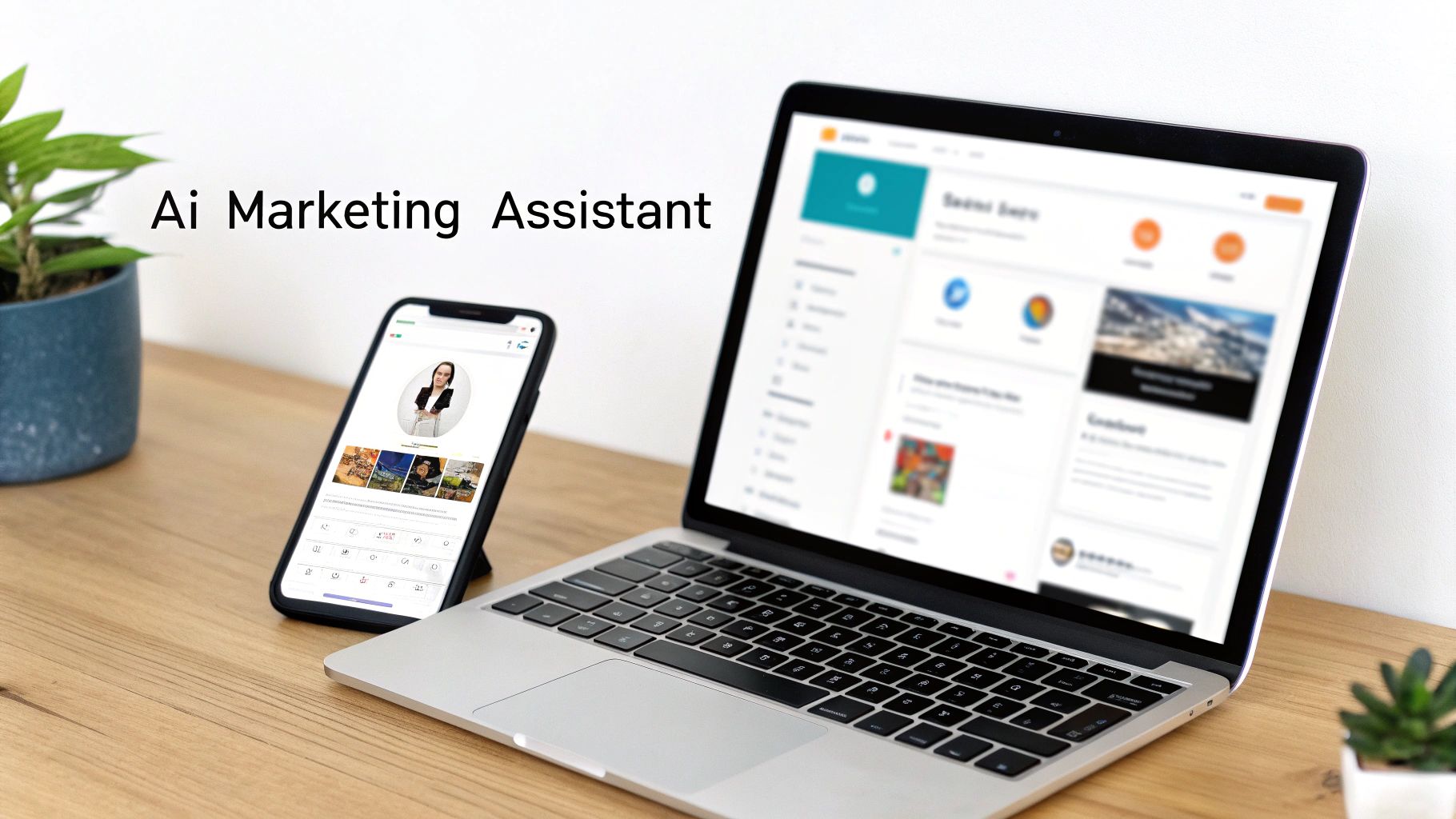 A desk with a laptop and a smartphone displaying marketing dashboards, highlighting an AI Marketing Assistant.