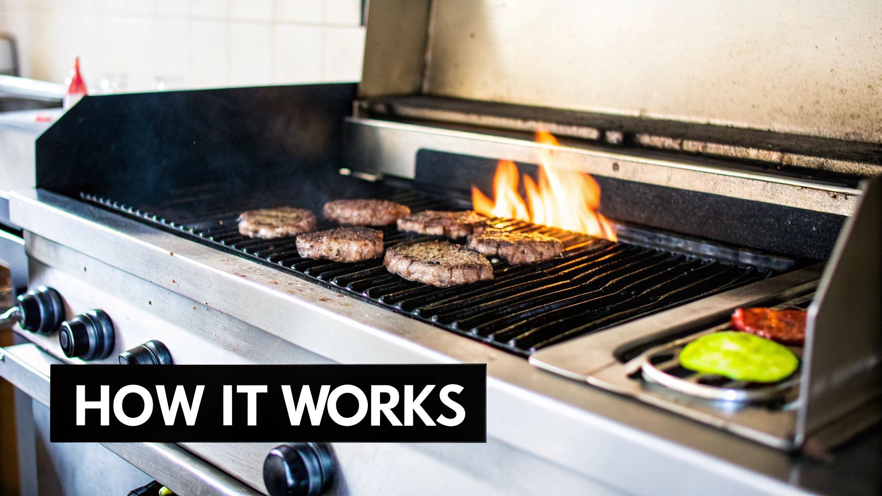 Burger patties grilling on commercial charbroiler grates with flames showing how it works