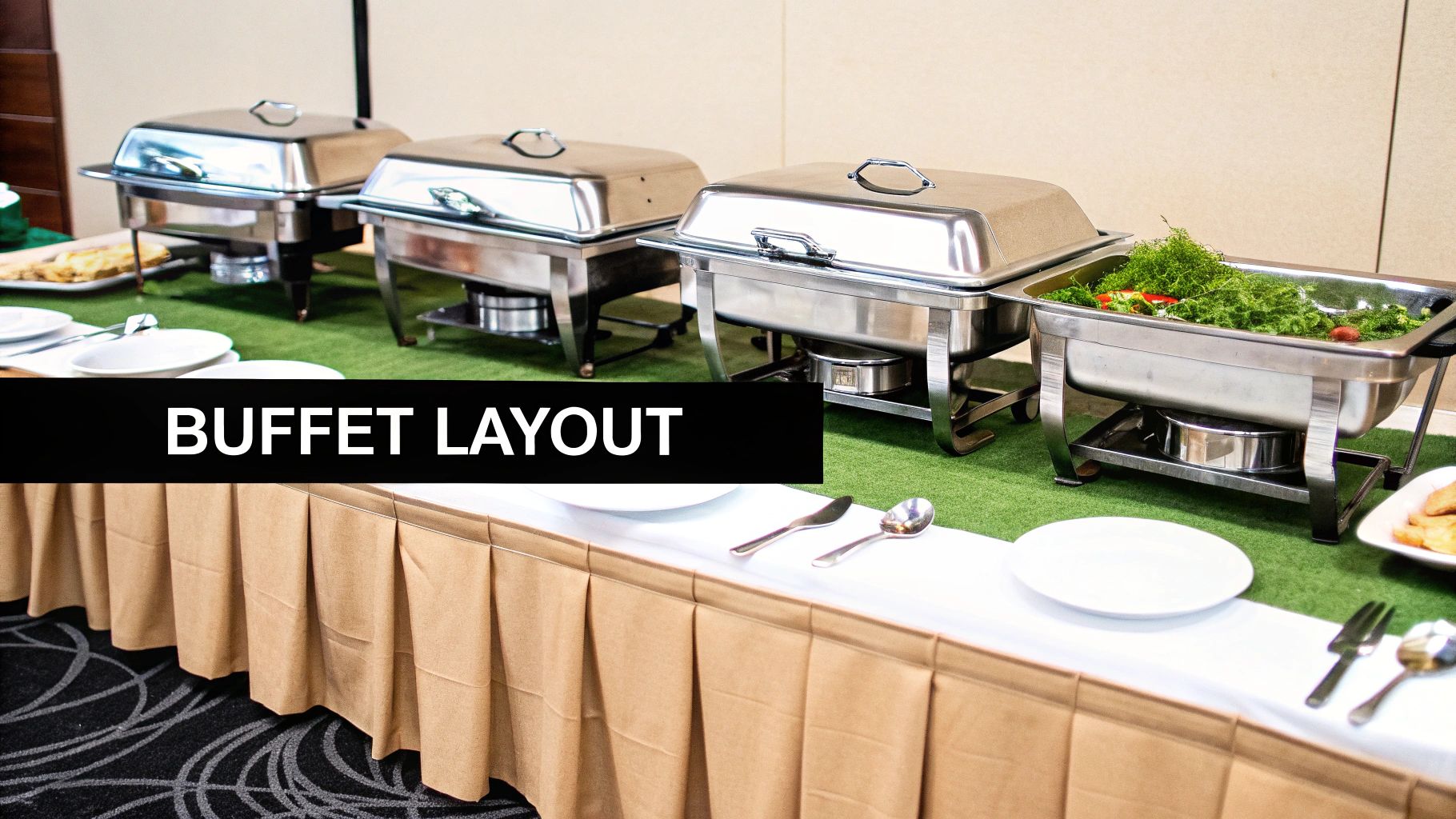Close-up of a buffet line with stainless steel chafing dishes, one filled with fresh salad.