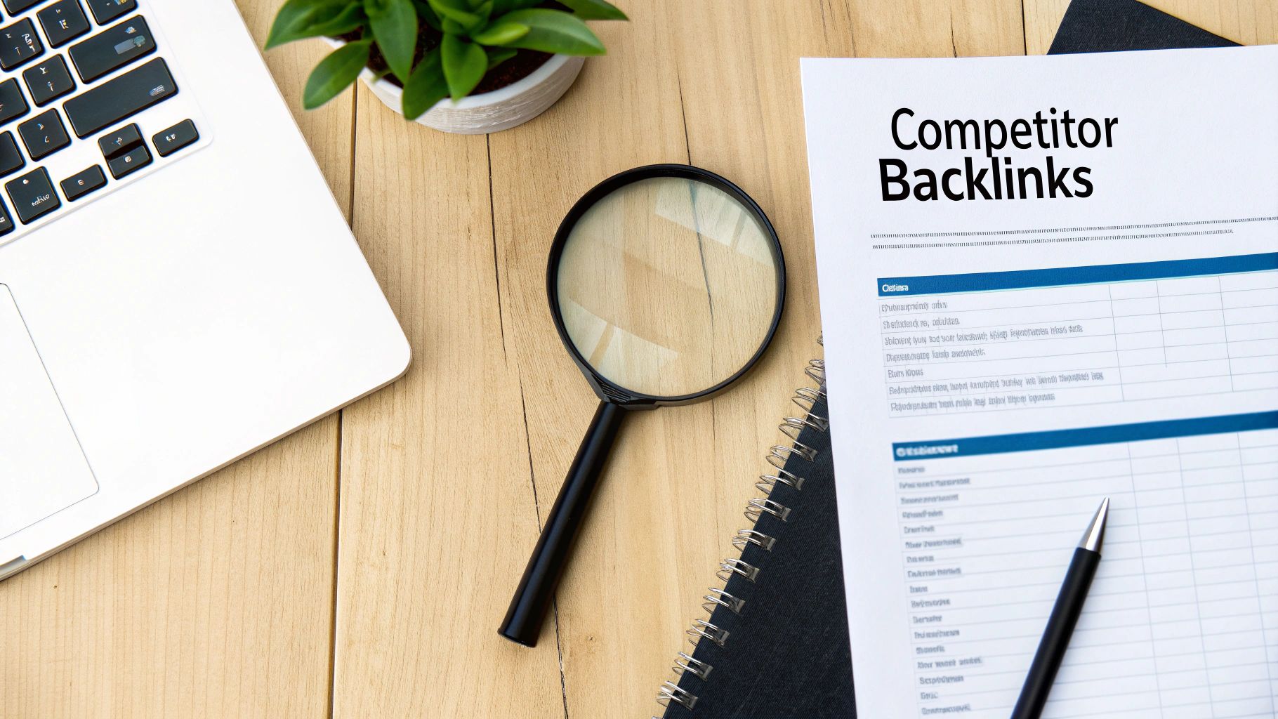 A magnifying glass hovering over a computer screen showing data charts, symbolizing competitor analysis.