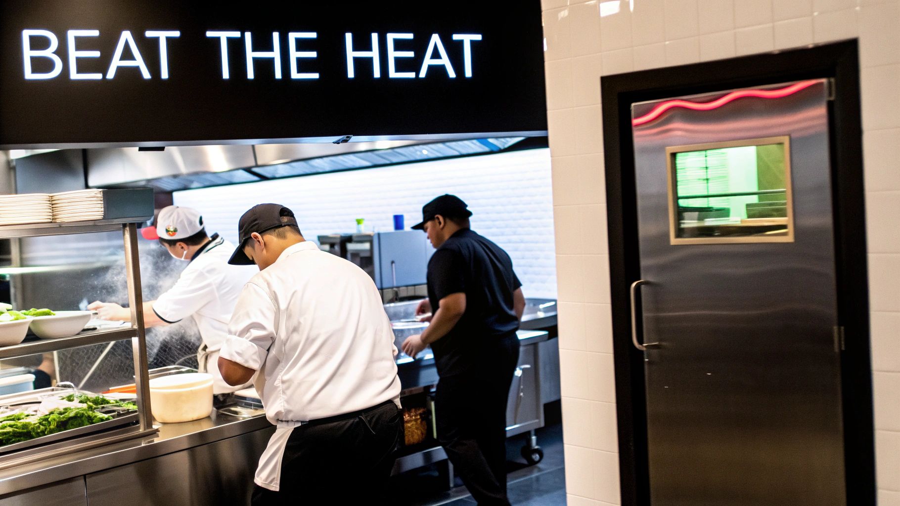 Chefs prepare food in a busy commercial kitchen under a "Beat the Heat" sign.