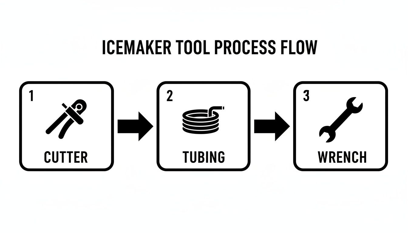 Icemaker tool process flow diagram showing steps: cutter, tubing, and wrench.