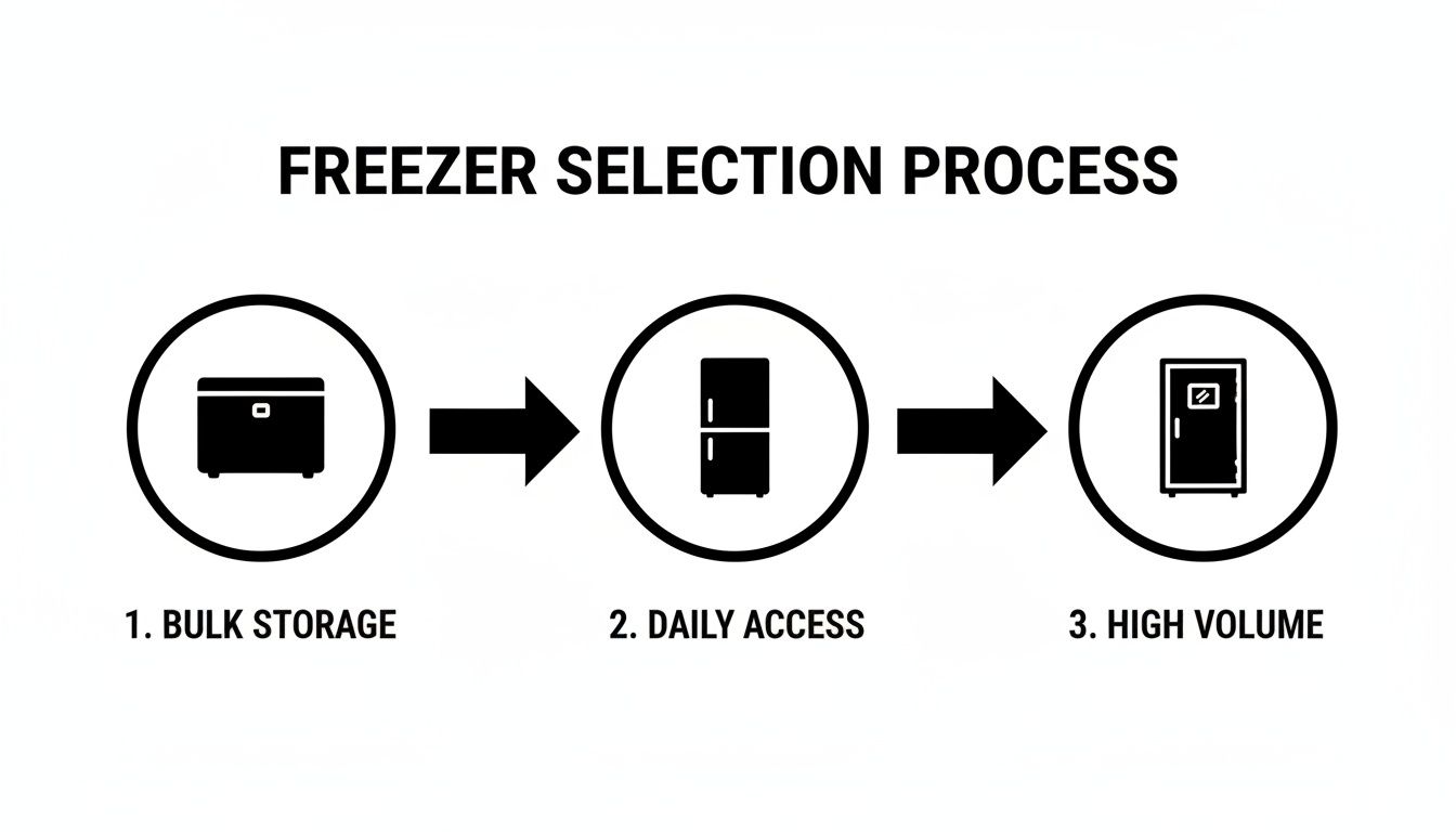 Flowchart showing a freezer selection process, with icons for chest freezer for bulk storage, top-bottom freezer for daily access, and upright freezer for high volume.