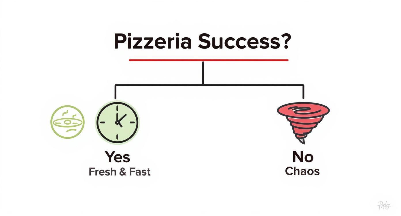 Infographic showing a decision tree where the right choices lead to pizzeria success, symbolized by 'Fresh & Fast', and wrong choices lead to chaos.