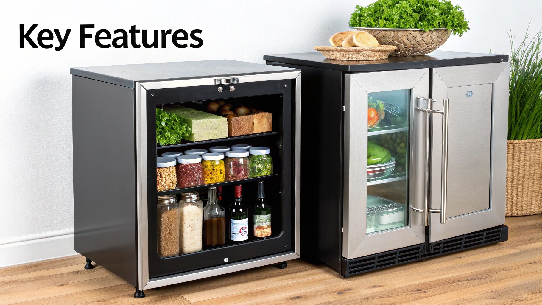 Two under-counter mini-refrigerators displaying various food items, jars, and bottles for storage.