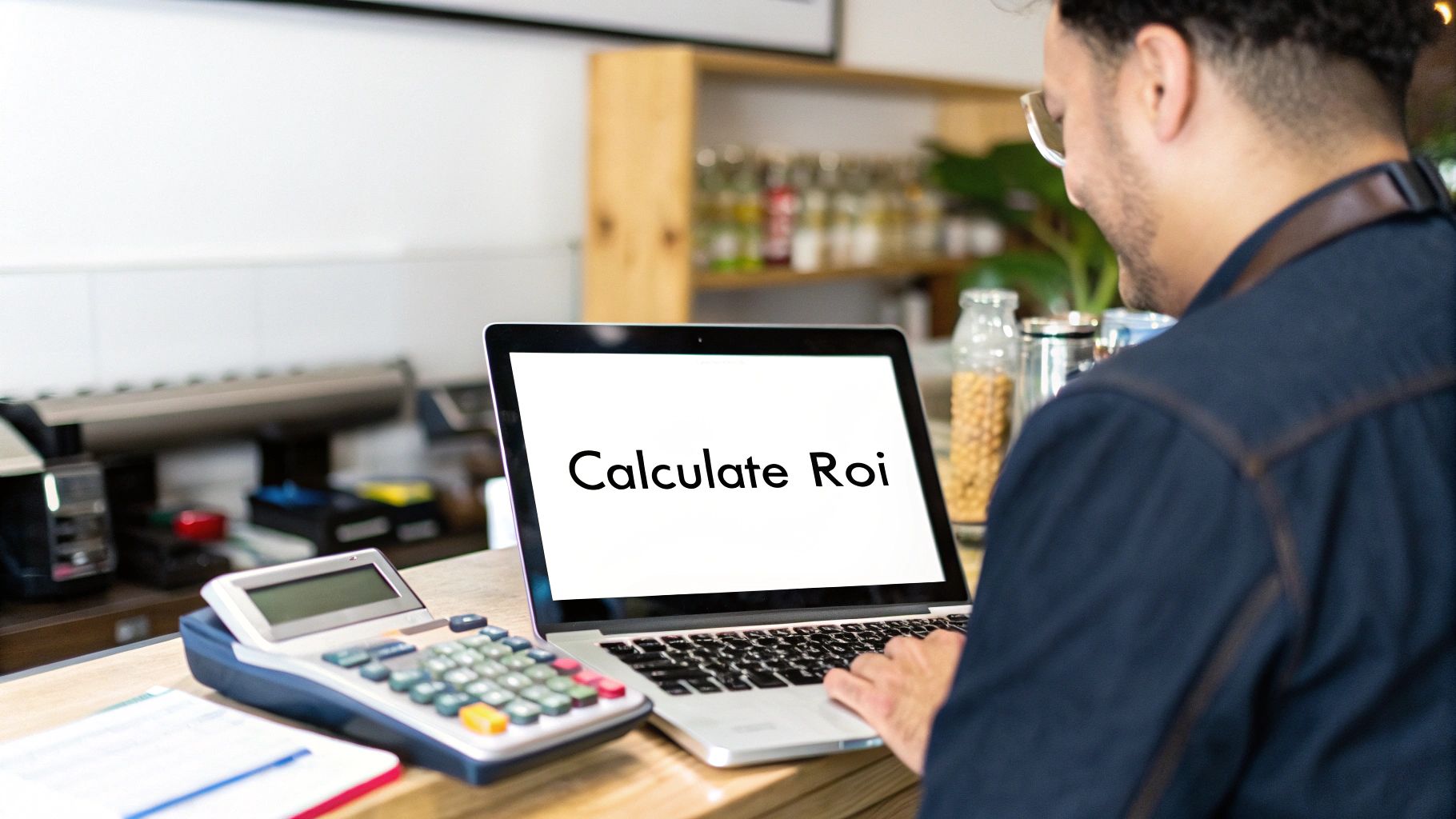 Business professional using laptop and calculator to calculate ROI at home office desk
