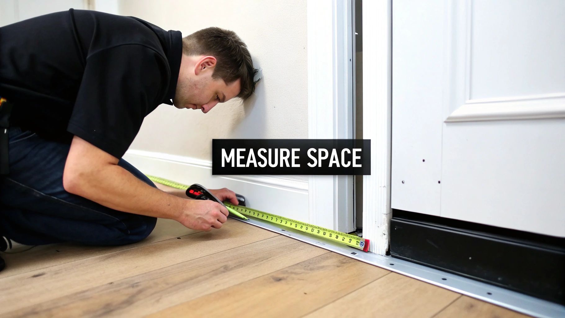 A person kneeling, measuring the space at the bottom of a door frame with a tape measure.