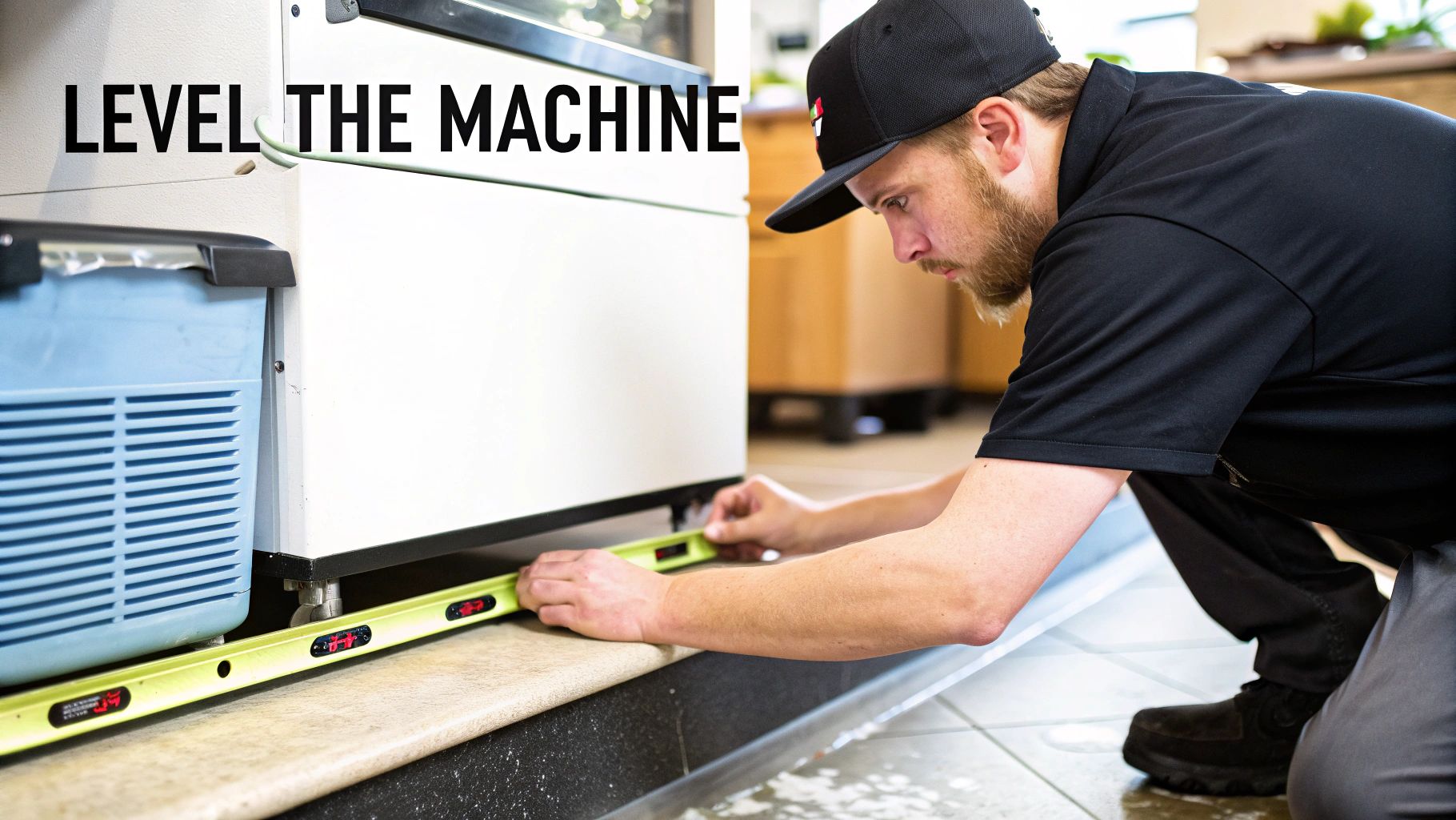 A man kneels, carefully using a green level tool to adjust a large white machine.