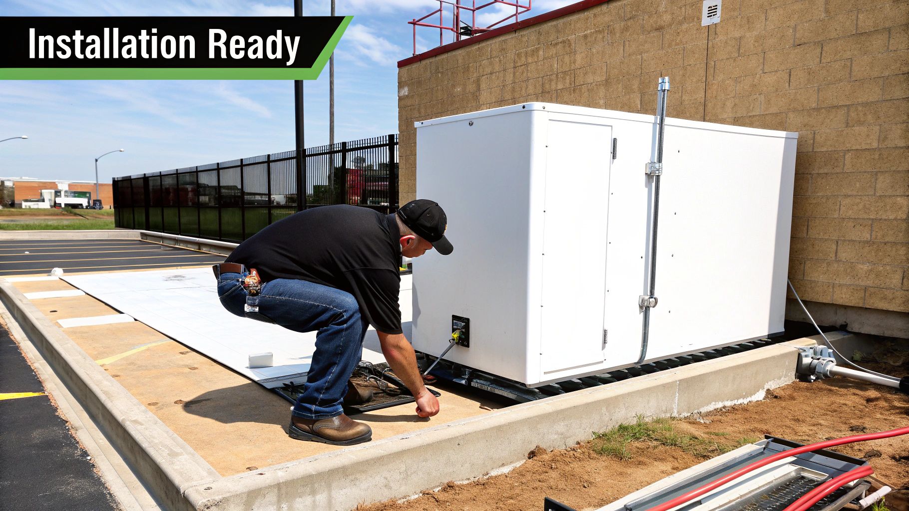 A man in a black shirt and jeans connects a power cable to a large white outdoor unit.