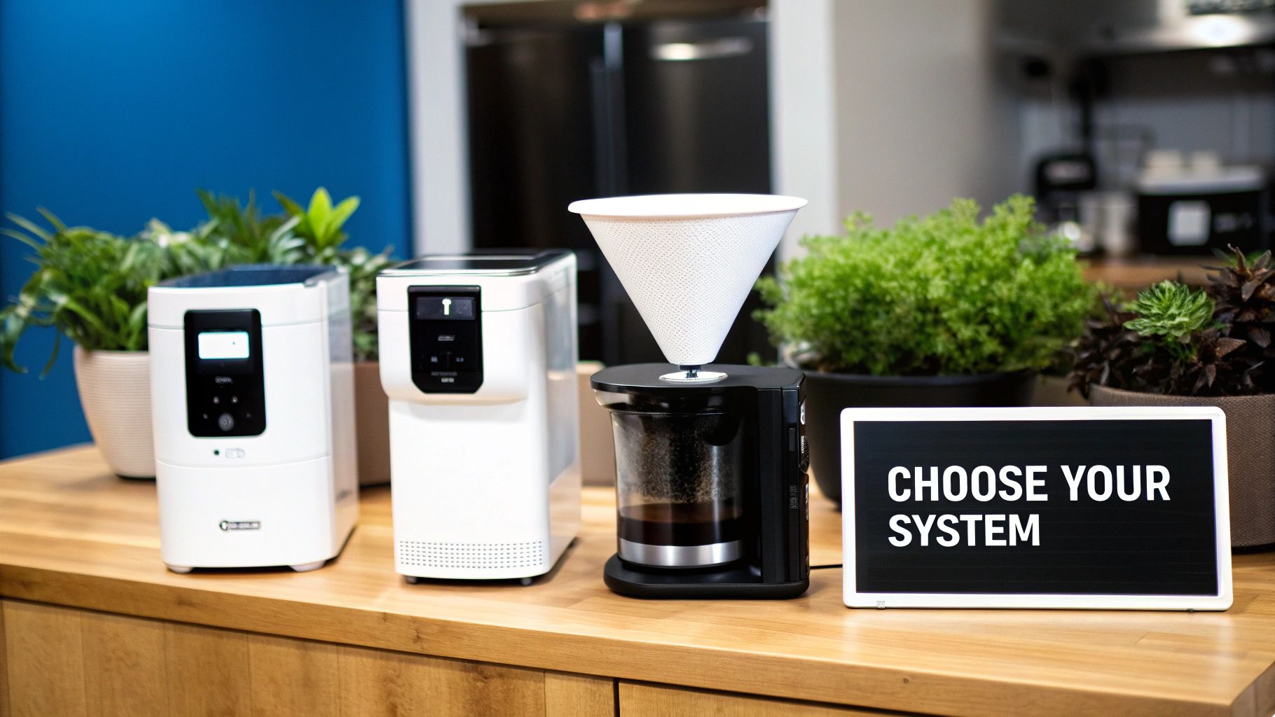 Three distinct coffee brewing systems are displayed on a wooden counter alongside potted plants and a 'Choose Your System' sign.
