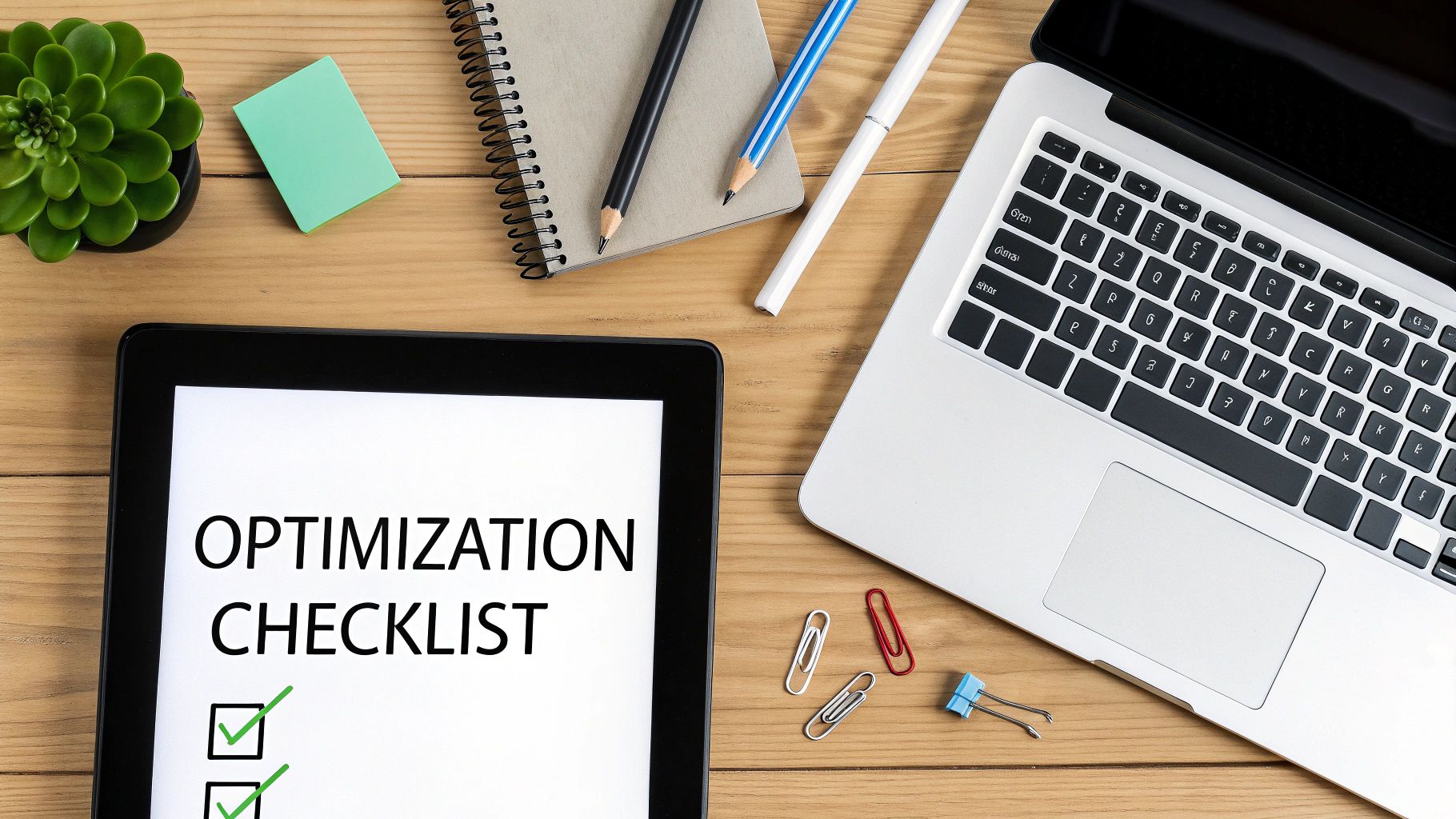 Flat lay of a wooden desk with a tablet displaying 'OPTIMIZATION CHECKLIST', a laptop, and office supplies.