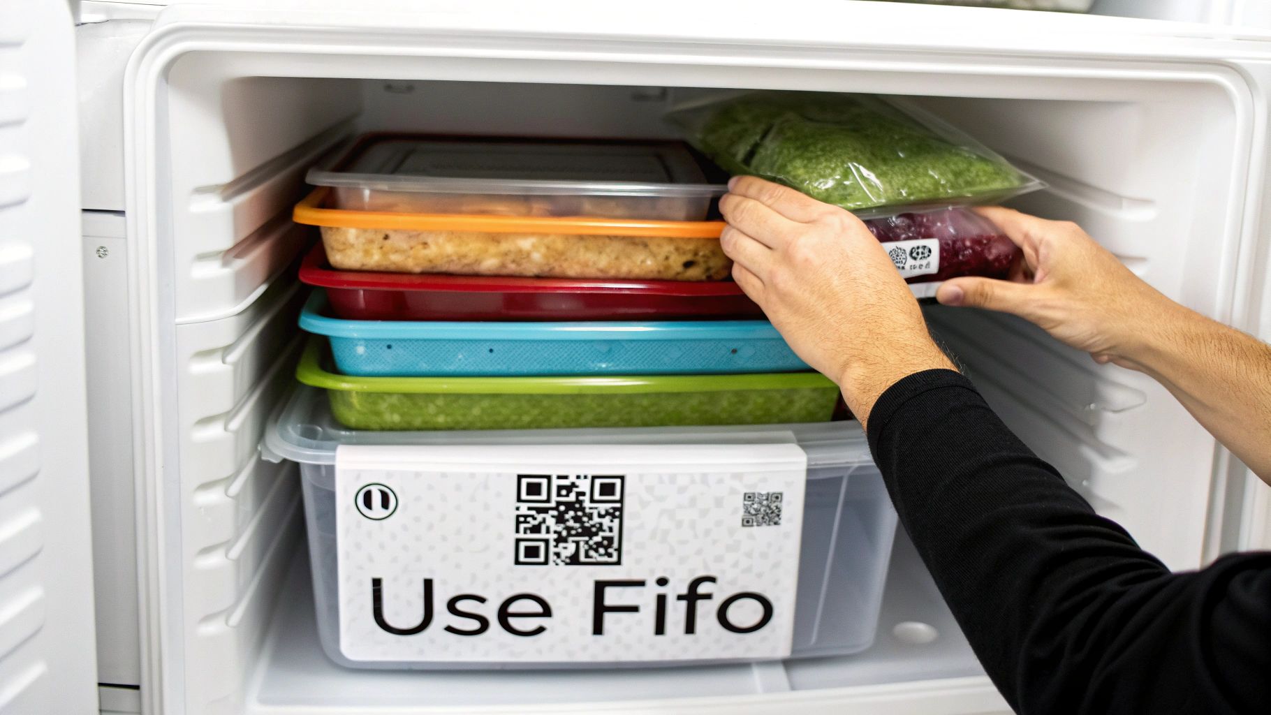 A person's hands placing frozen food bags into a chest freezer organized with stacked containers.