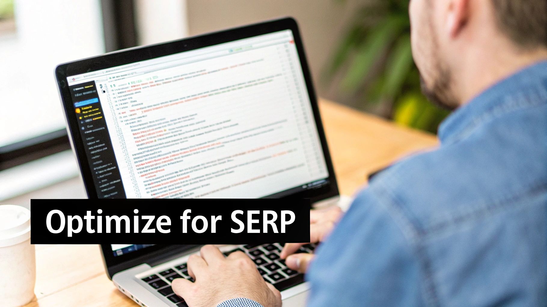 A person works on a laptop, typing and optimizing content to improve search engine results page (SERP) features.