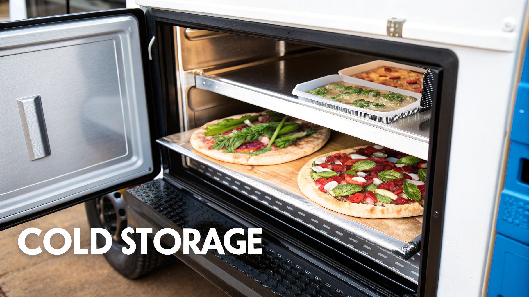 A well-organized stainless steel under-counter refrigerator in a food truck, showing neatly arranged food containers.