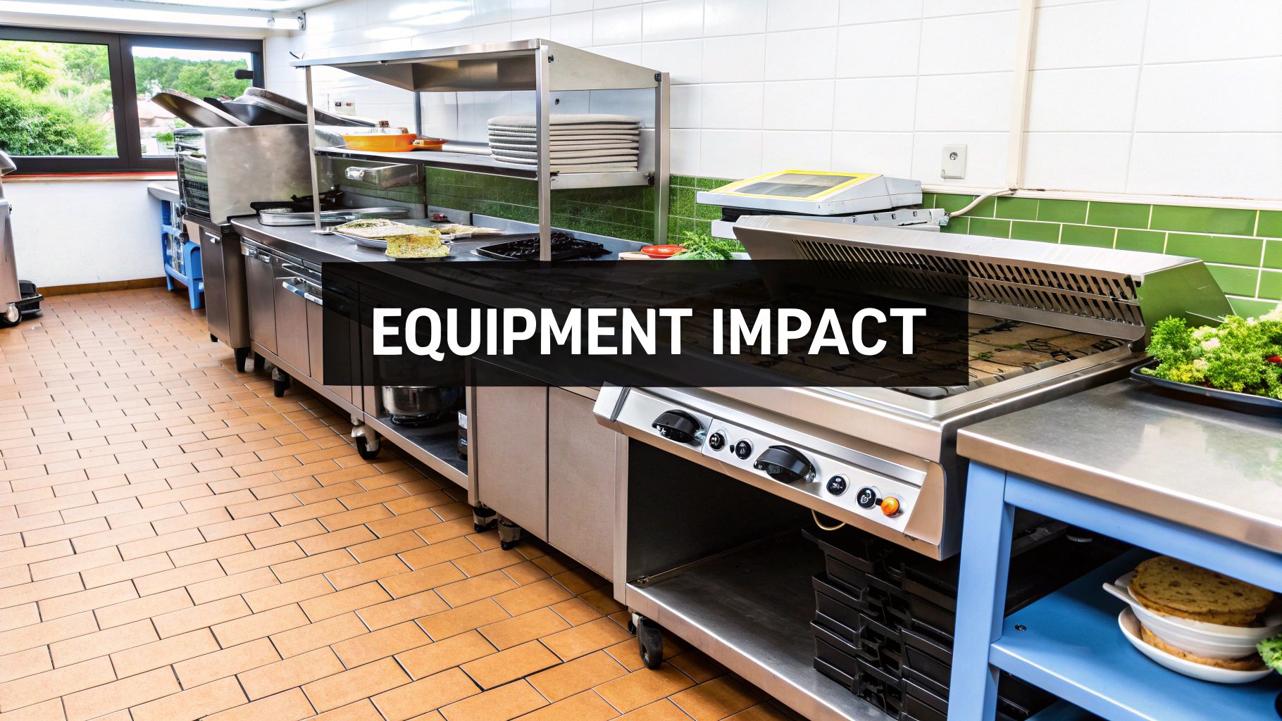 A clean commercial kitchen featuring stainless steel equipment, tiled walls, and prepared food items. Text: EQUIPMENT IMPACT.