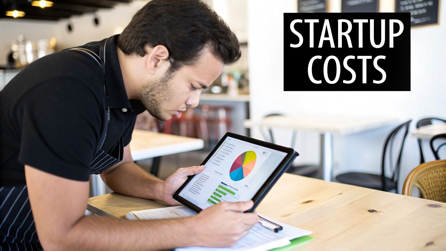 A man, likely a restaurant owner, reviews startup costs on a tablet with financial charts.
