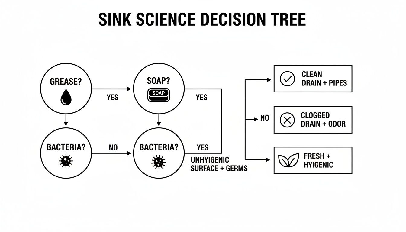 Decision tree flowchart illustrating sink science: how grease, soap, and bacteria affect drain and surface hygiene.
