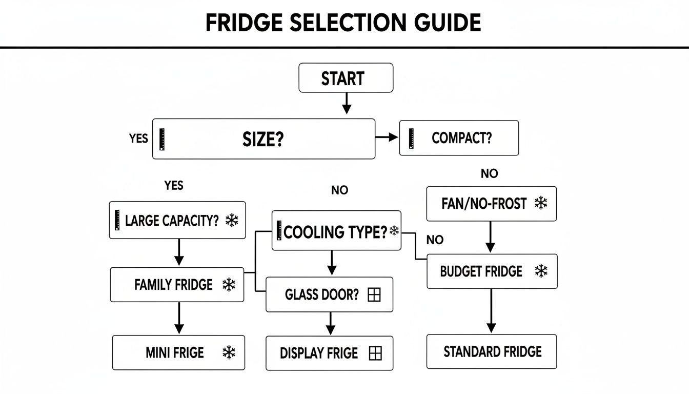 A fridge selection guide flowchart for choosing a refrigerator based on size, capacity, cooling, and door type.