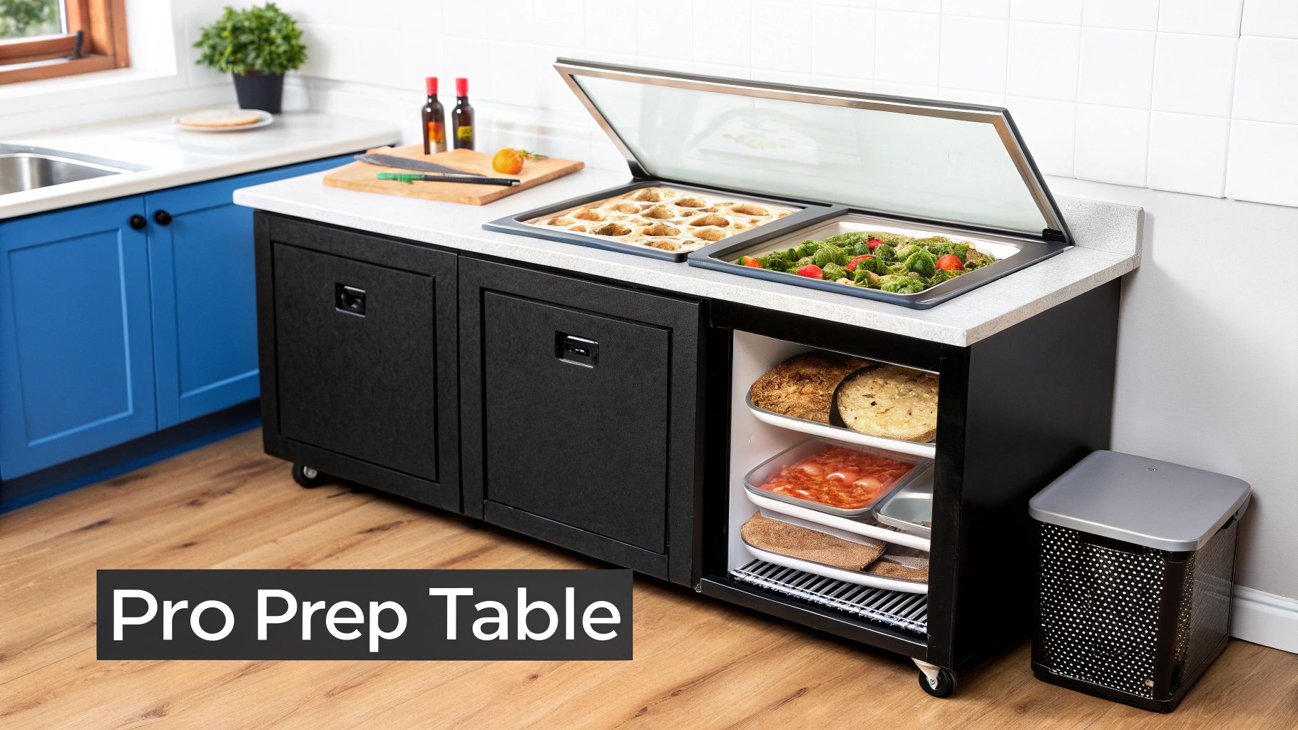 Black mobile pro prep table with warming trays and refrigerated storage in a modern kitchen.