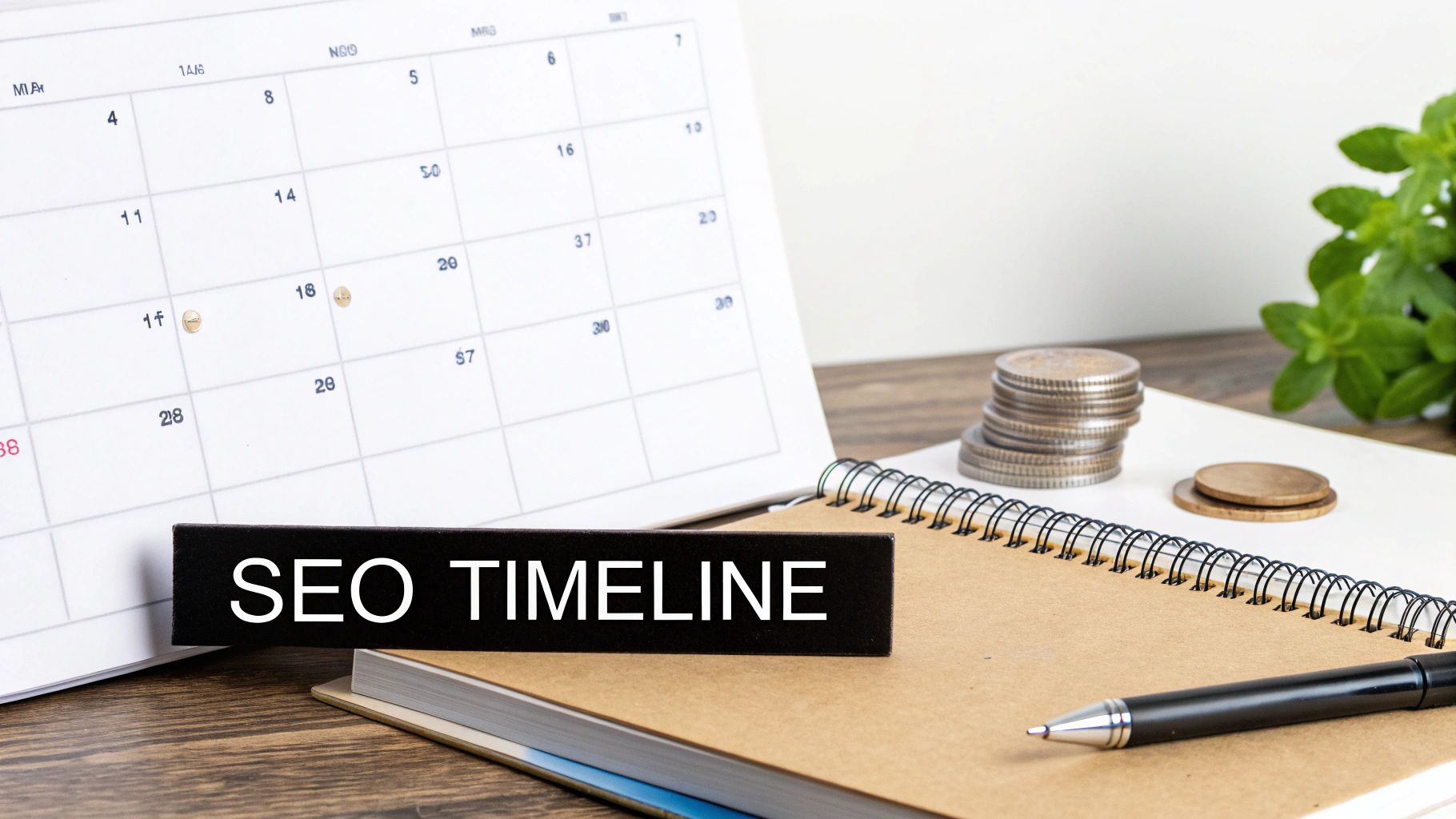 A black block displaying 'SEO TIMELINE' placed next to a calendar, notebook, coins, and a pen, suggesting business planning.