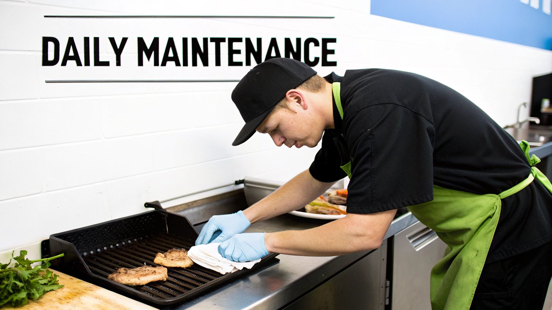 A chef performs daily maintenance, cleaning a grill with meat on it in a professional kitchen.