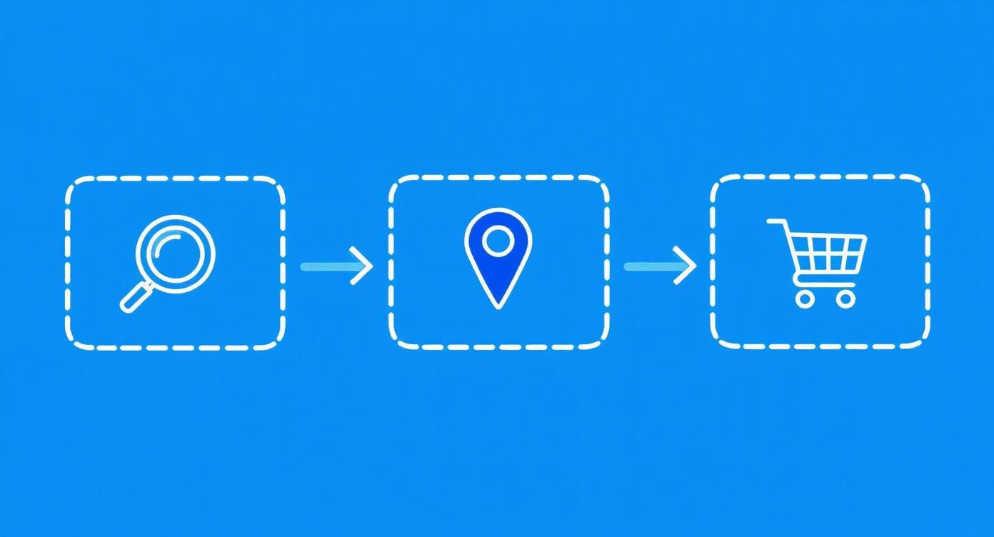 A process flow illustrating search, location, and shopping cart icons, representing an online shopping journey.