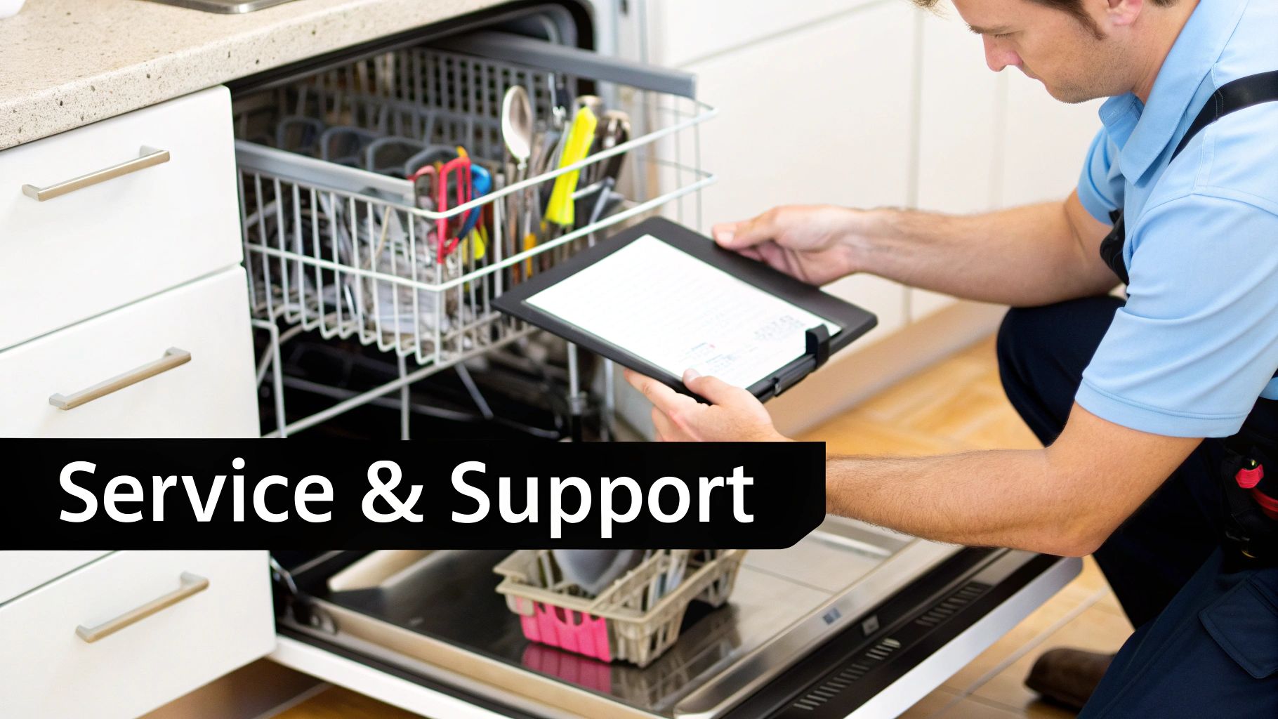 A repair technician works on a dishwasher while holding a digital tablet, with "Service & Support" overlay.
