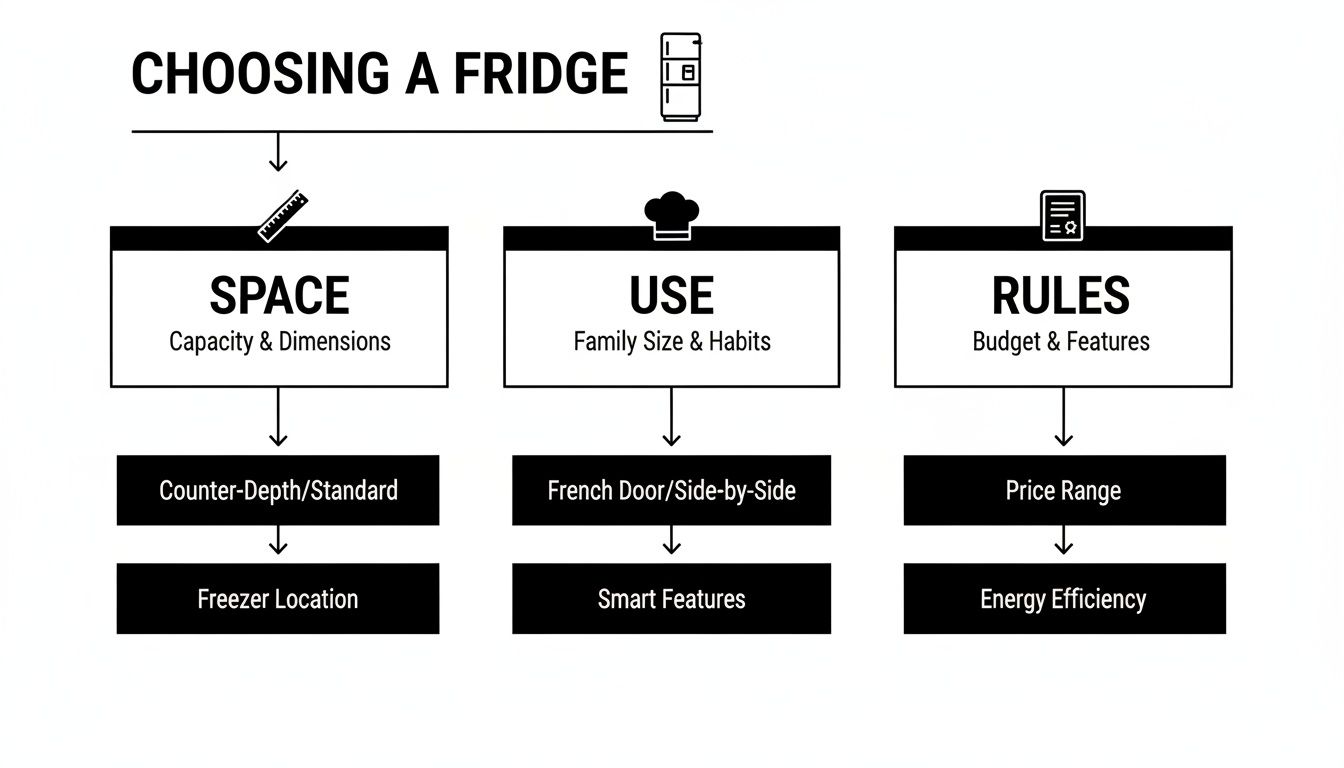 Flowchart illustrating key factors for choosing a fridge, including space, use, and rules.
