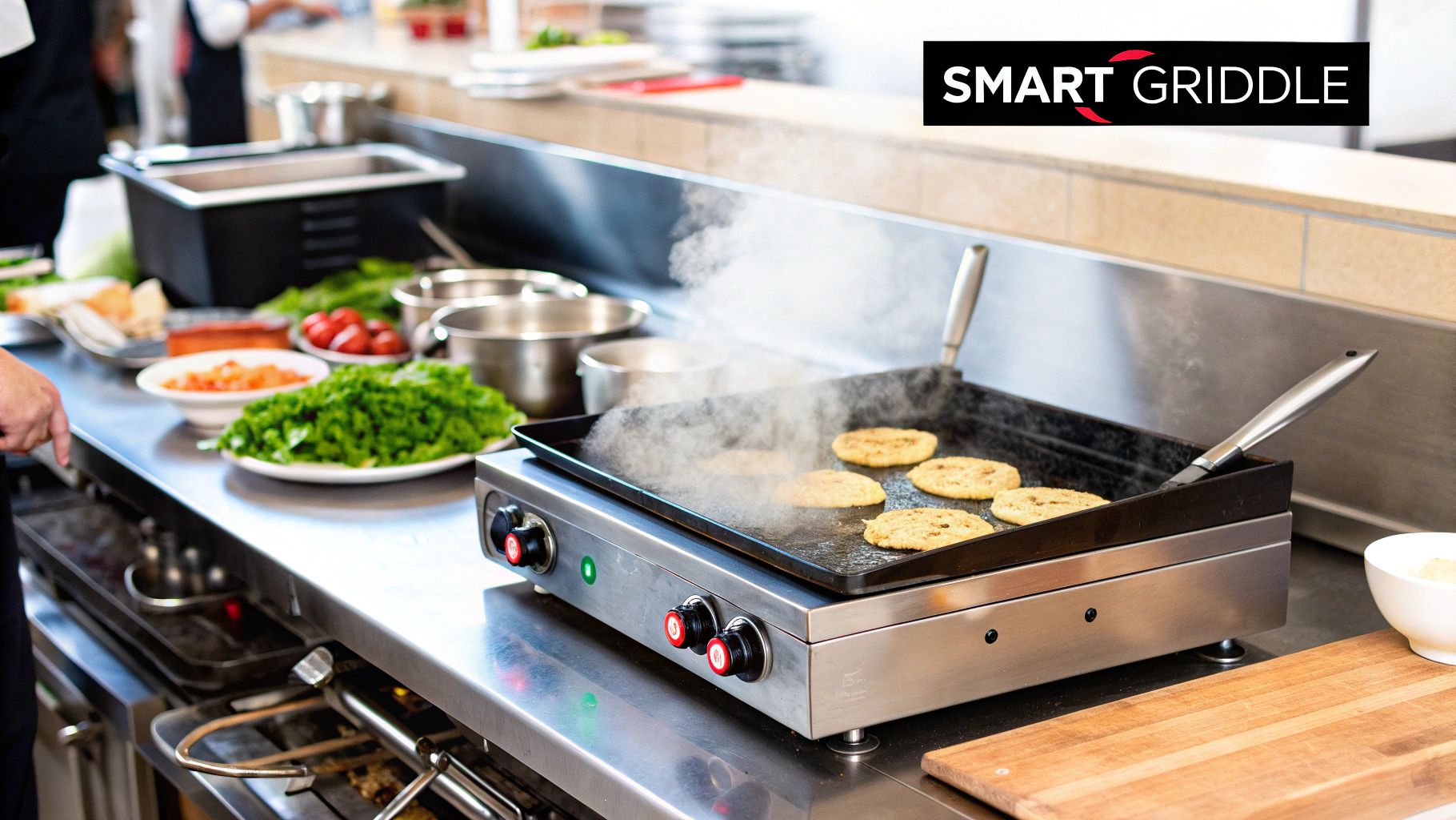 A chef using a large commercial thermostatic griddle in a busy kitchen.