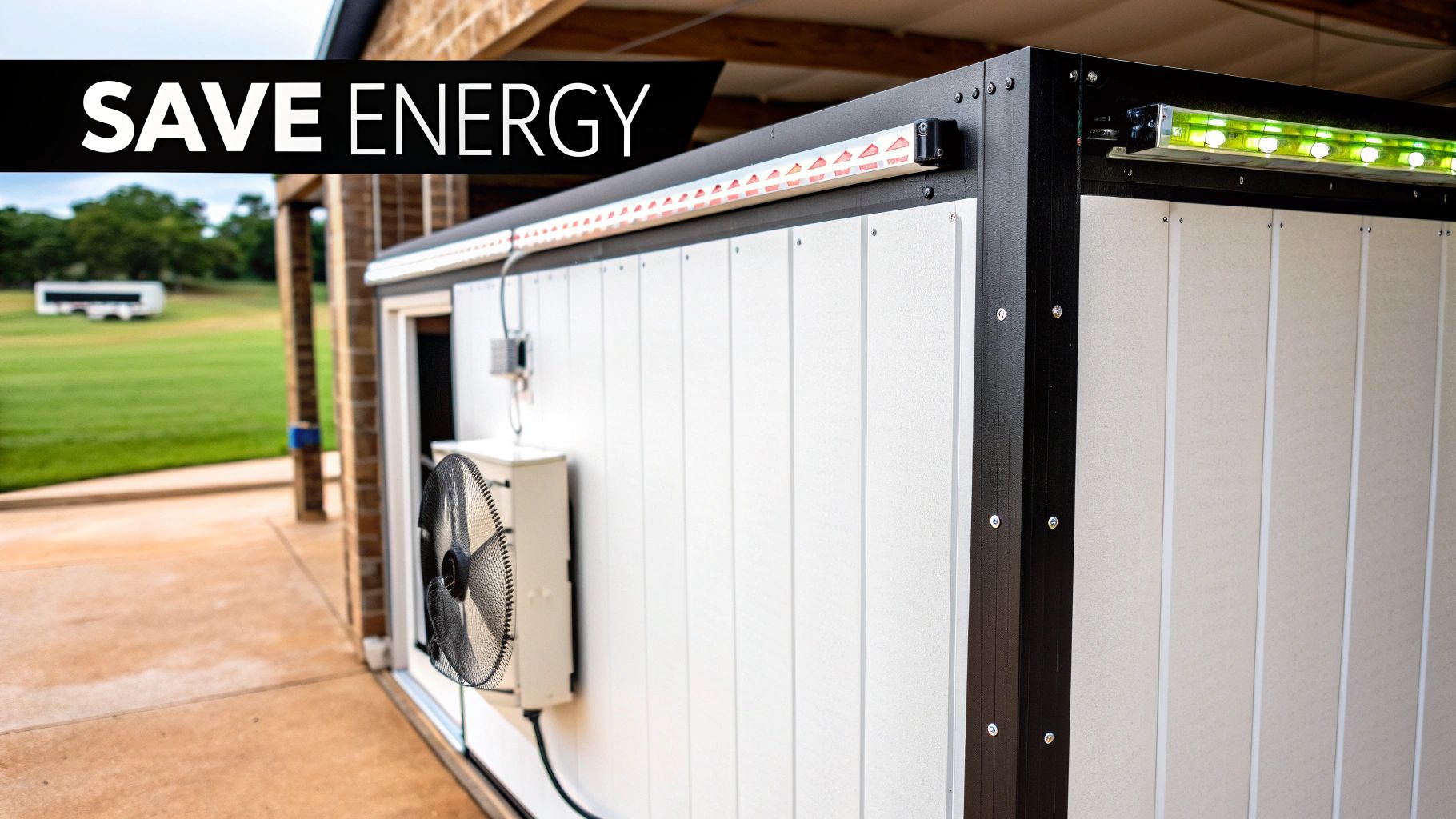 A white and black commercial walk-in unit with an external fan and green LED lights, saving energy.