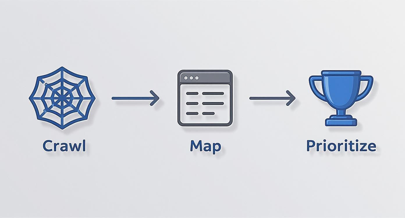 Web crawling workflow diagram showing three stages: crawl, map, and prioritize with icons and arrows