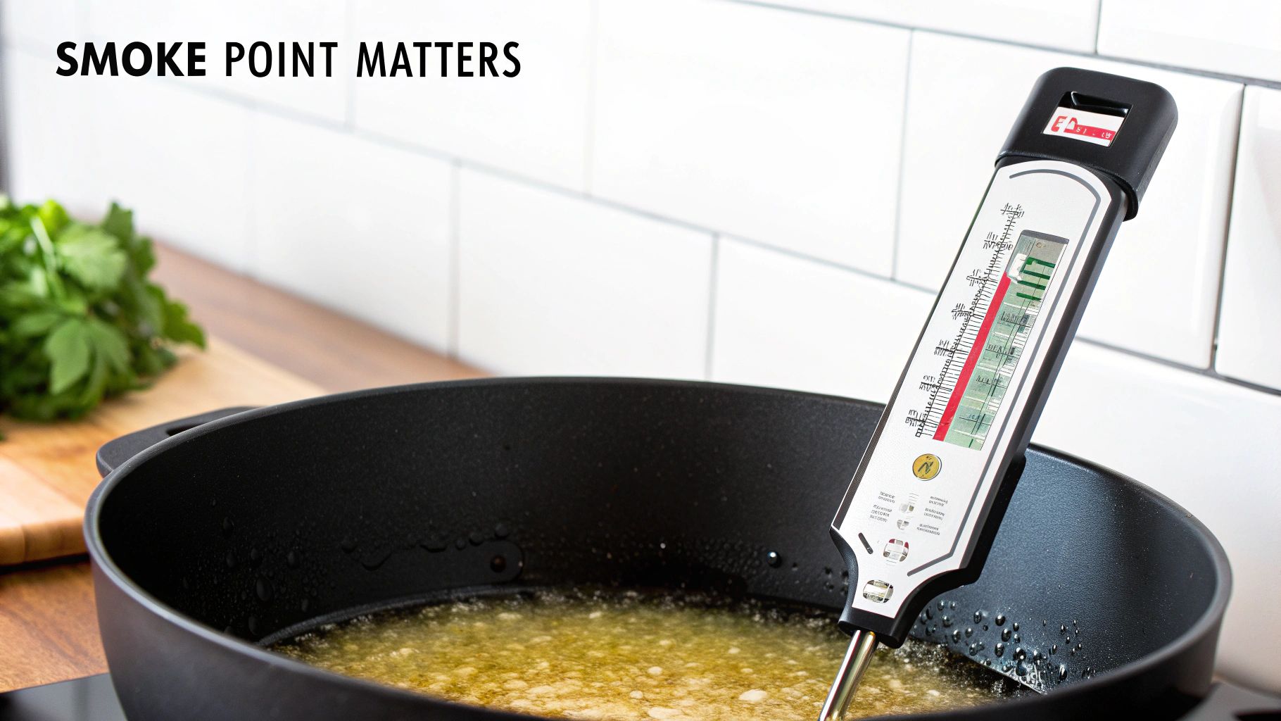 A kitchen scene with a deep fryer thermometer in a pan of hot oil, with text 'Smoke Point Matters'.