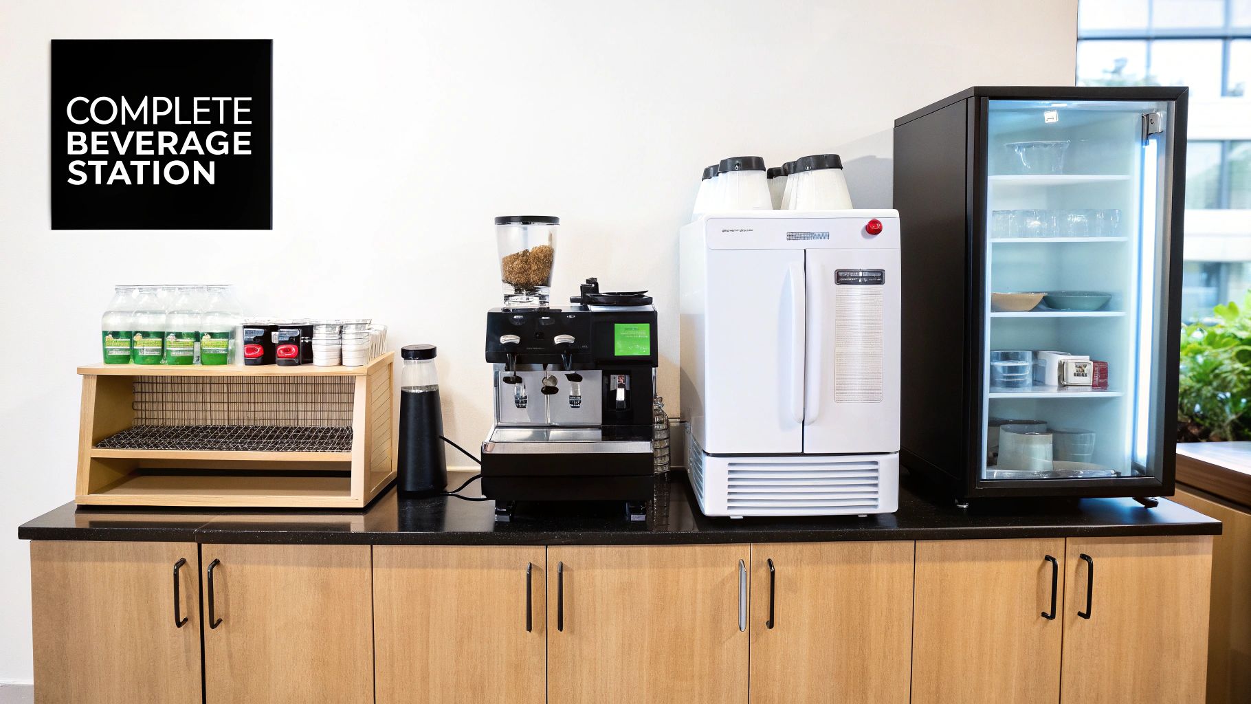 A complete commercial beverage station with a coffee machine, refrigerators, and various drinks.