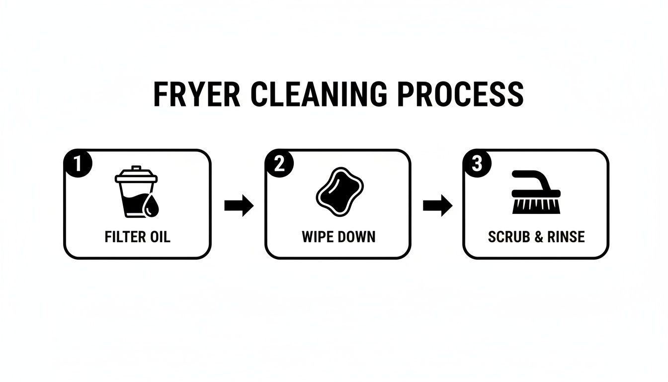 Infographic illustrating a three-step fryer cleaning process: filter oil, wipe down, and scrub and rinse.