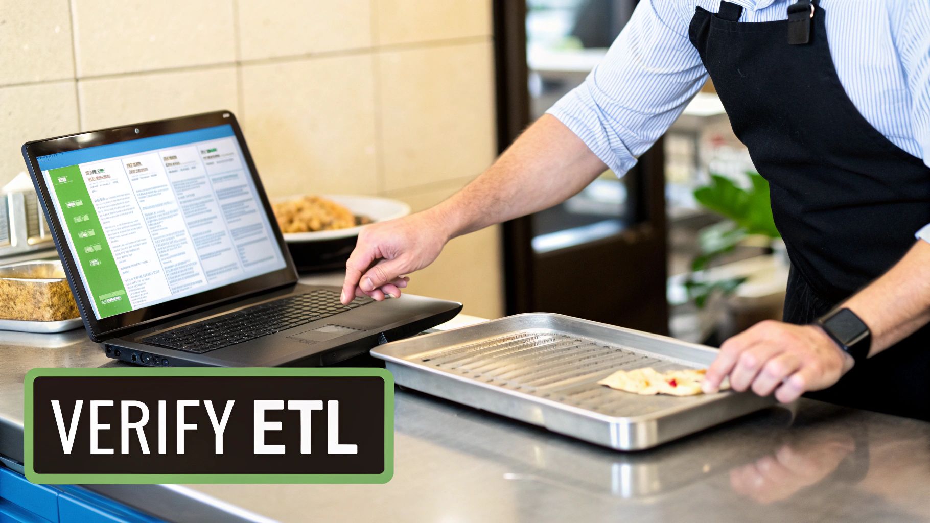 A person in a kitchen uses a laptop while also tending to items on a baking tray.