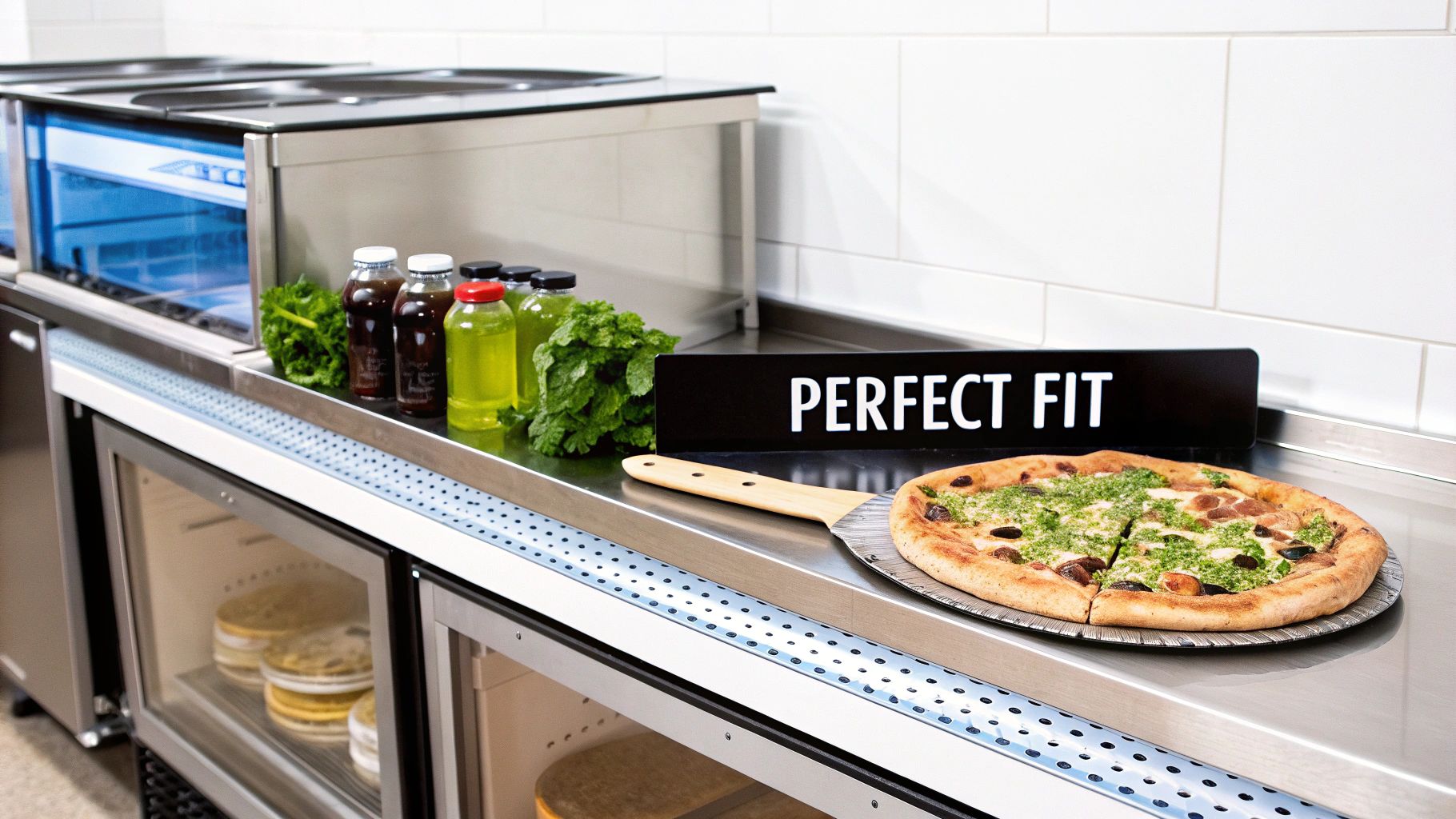 A modern commercial kitchen counter featuring an under-counter fridge, bottled drinks, fresh greens, and a pesto pizza.