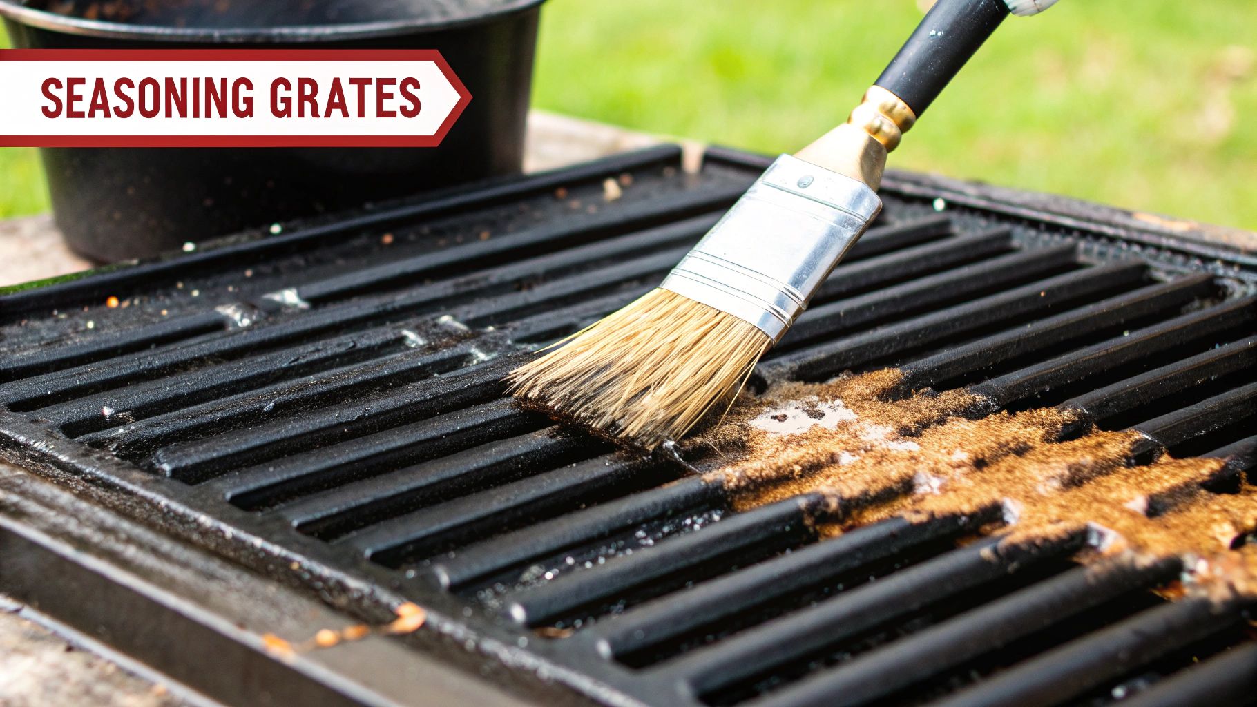 Rusty cast iron grates soaking in a cleaning solution.